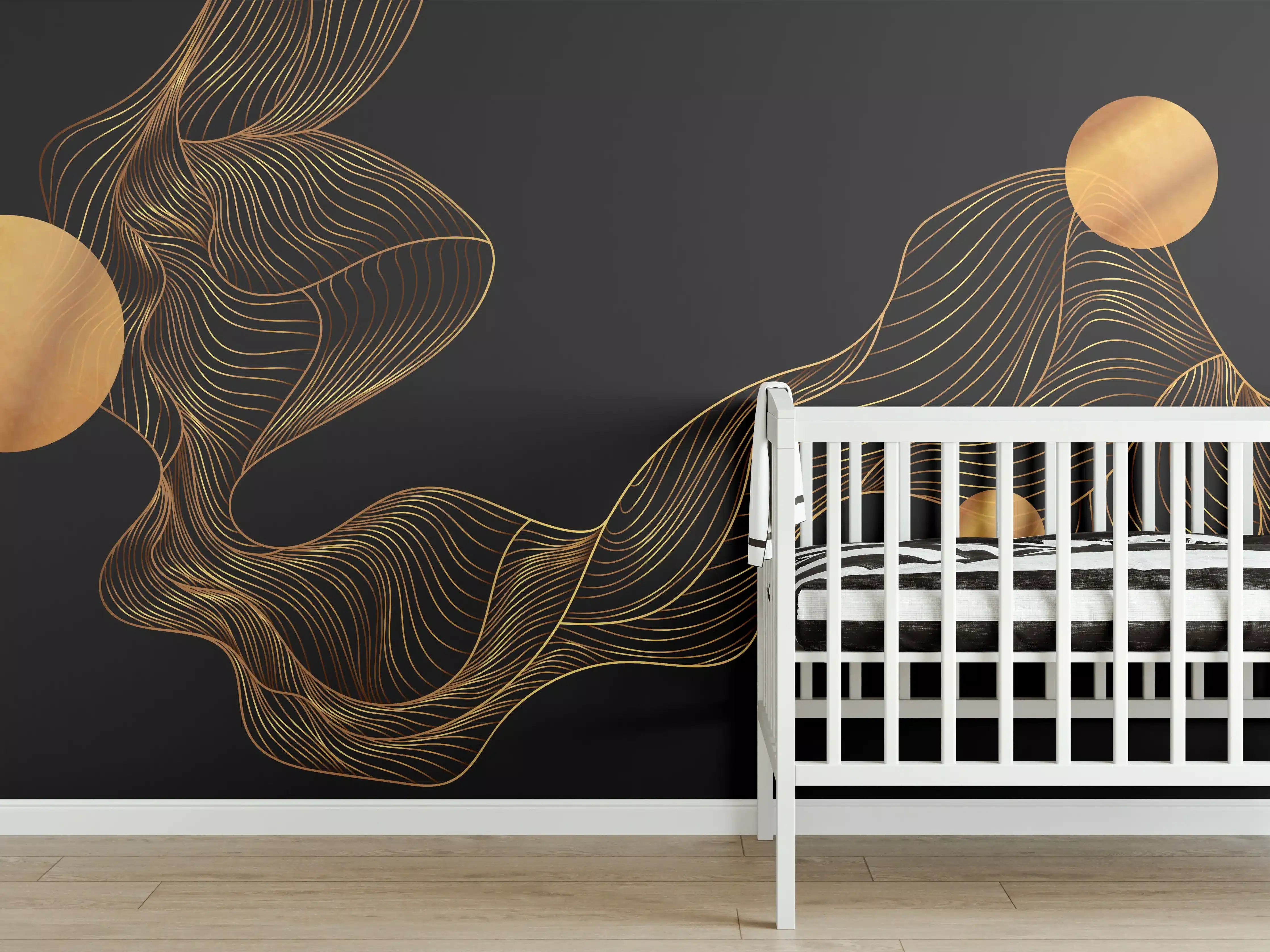 Babyzimmer Wandgestaltung - Abstrakte Gold-Schwarz Linienkunst