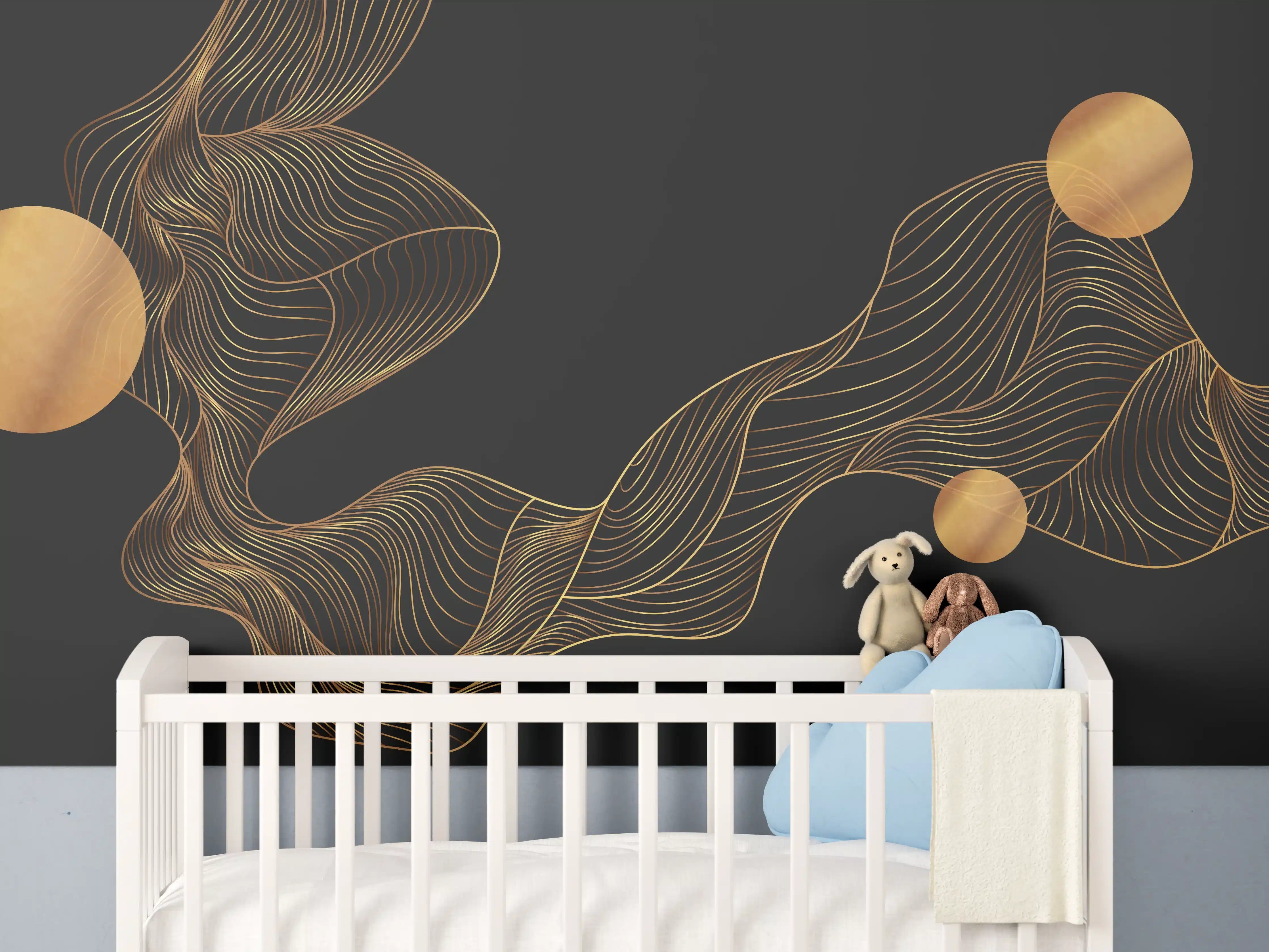 Babyzimmer Wandgestaltung - Abstrakte Gold-Schwarz Linienkunst