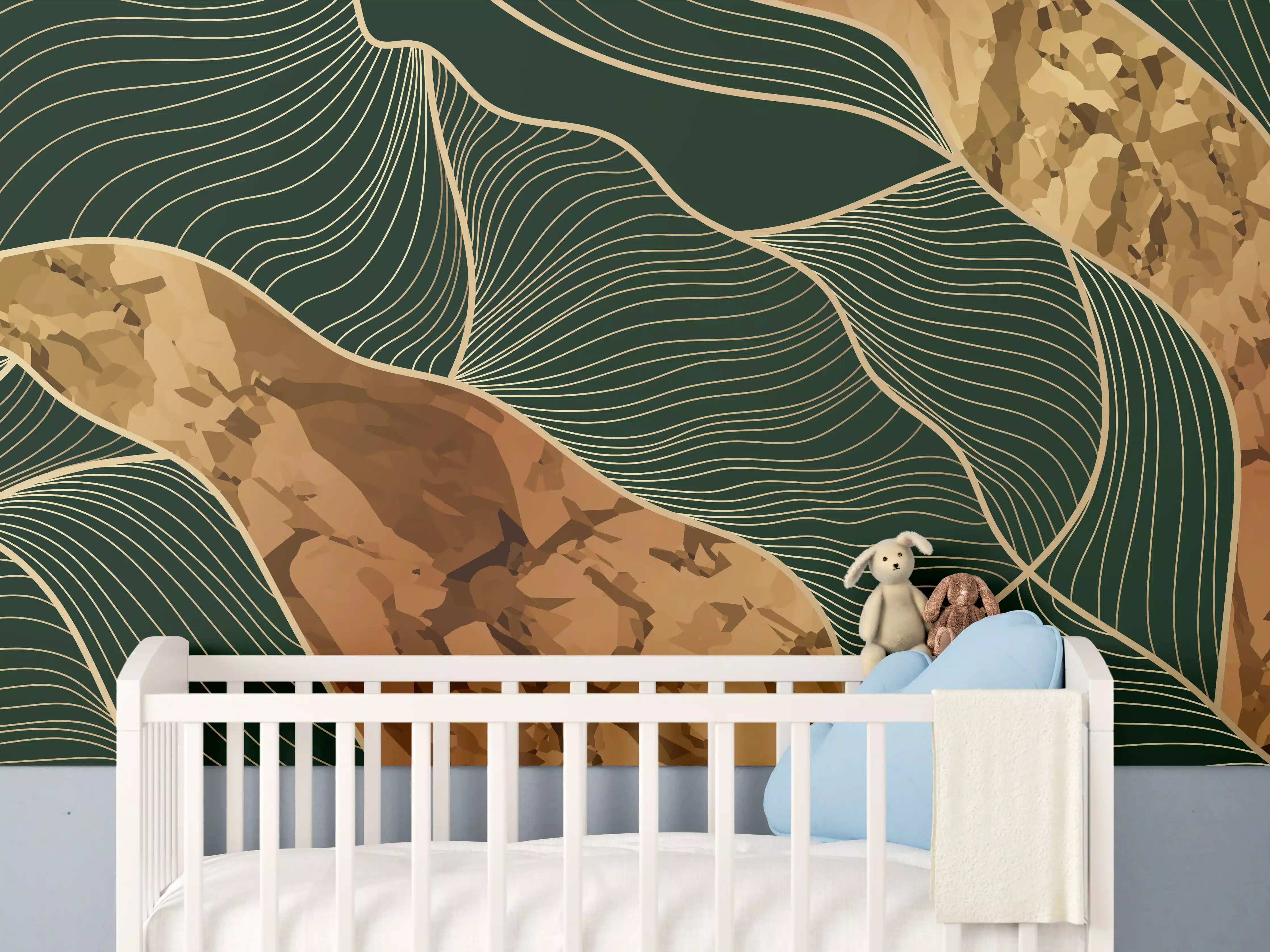 Babyzimmer Wandgestaltung - Abstrakte Goldbraun-Linien Kunst