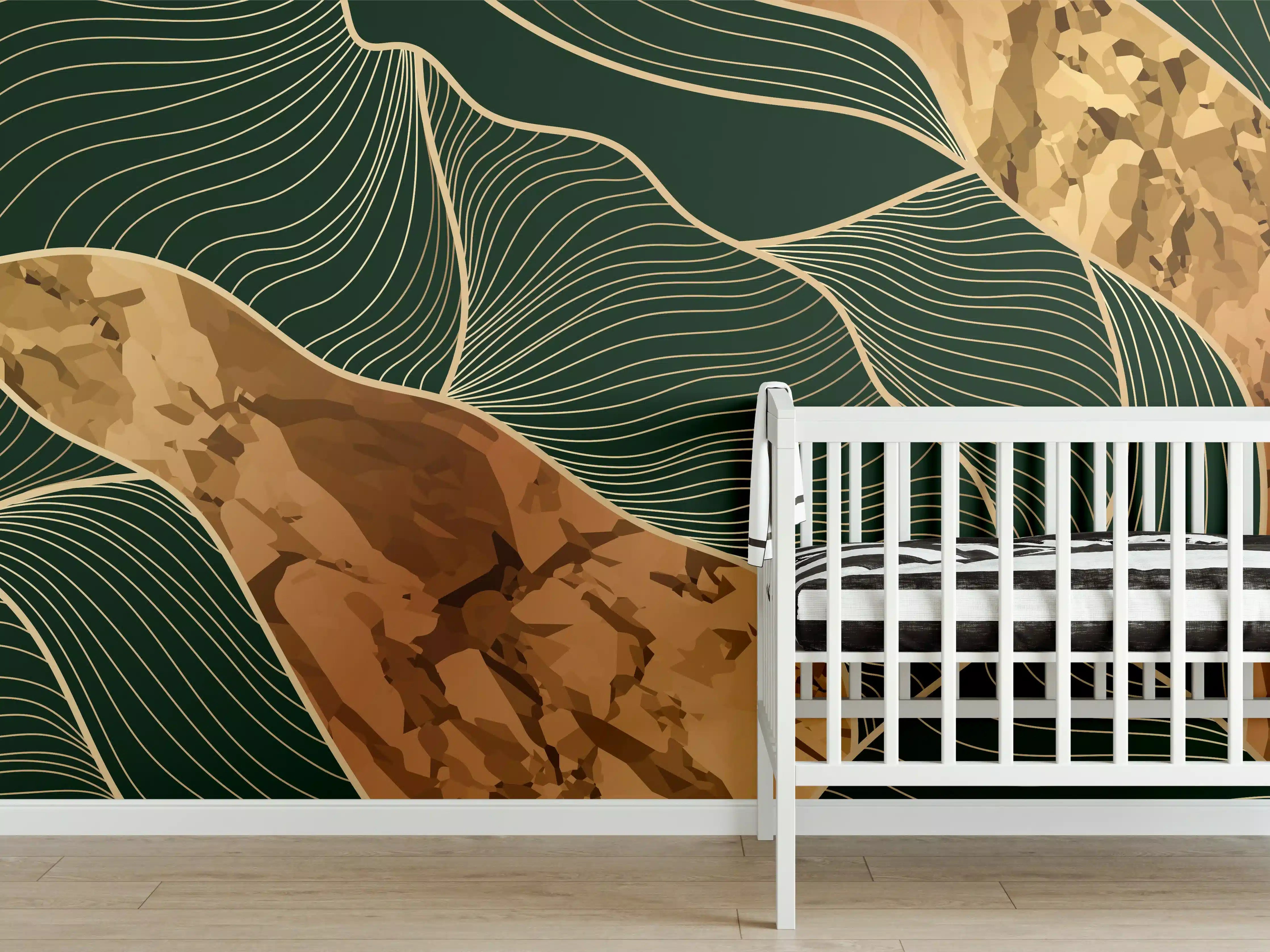 Babyzimmer Wandgestaltung - Abstrakte Goldgrün Konturlinien