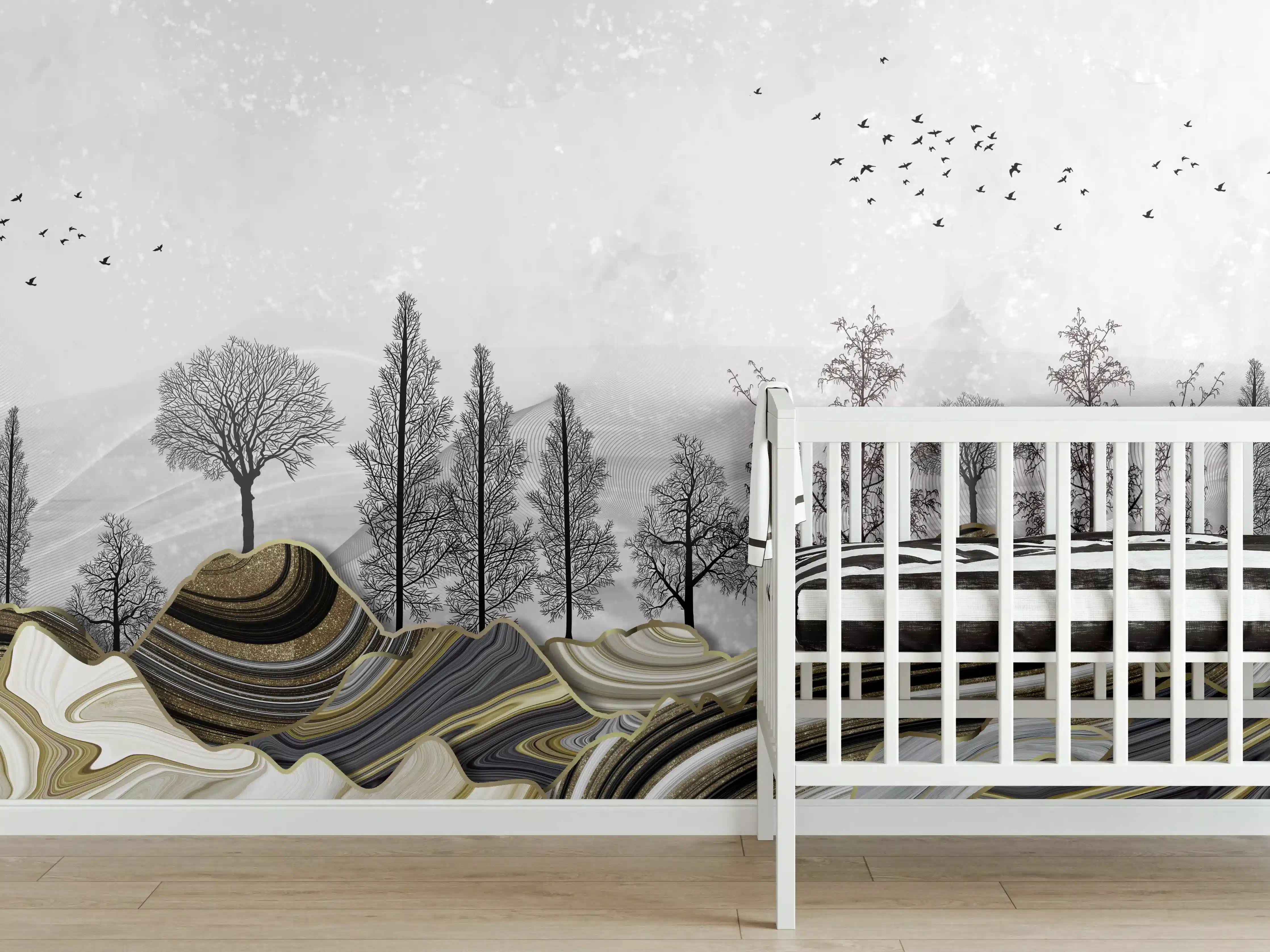 Babyzimmer Wandgestaltung - Abstrakte Landschafts- Zeichnung