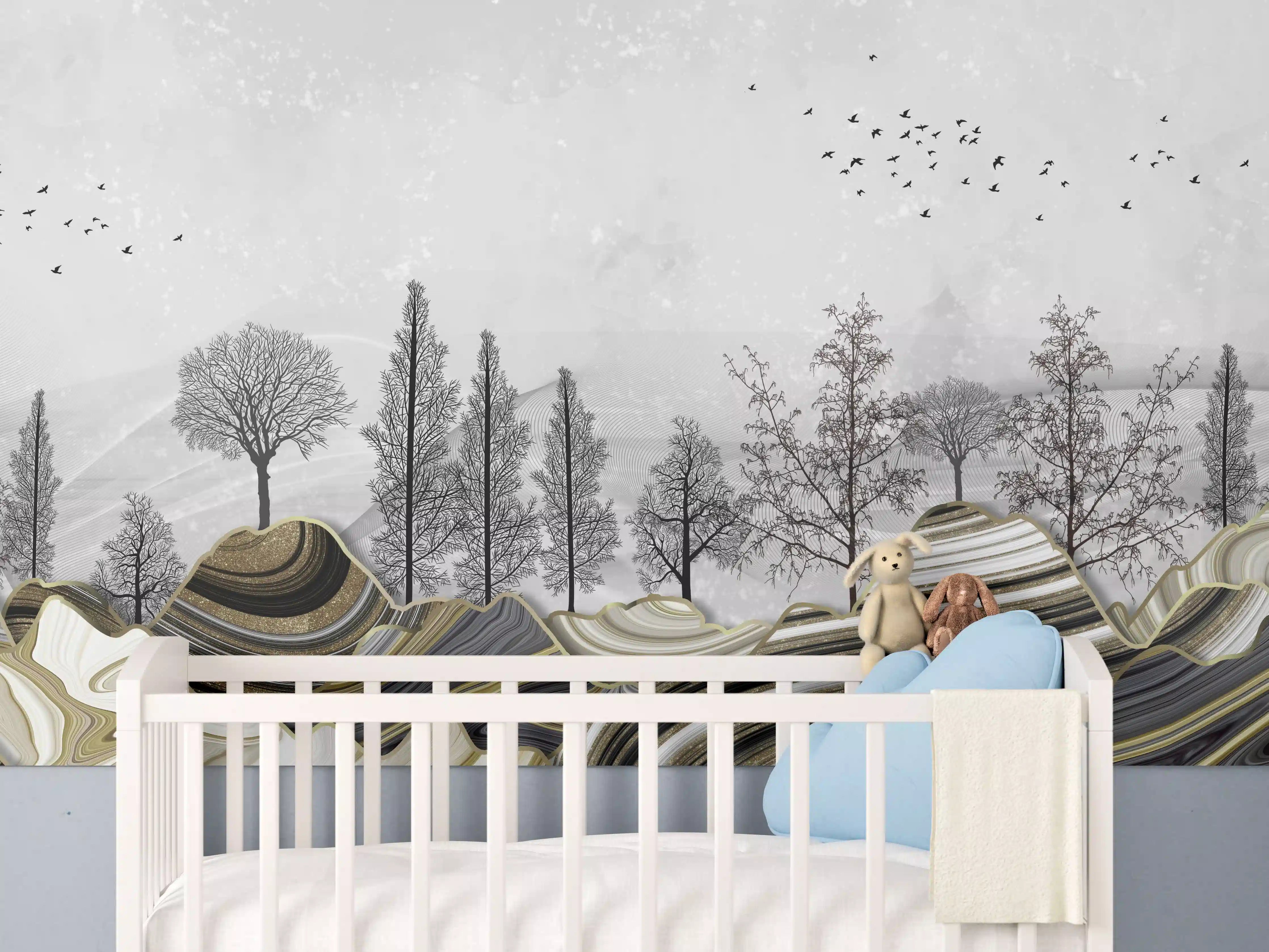 Babyzimmer Wandgestaltung - Abstrakte Landschafts- Zeichnung