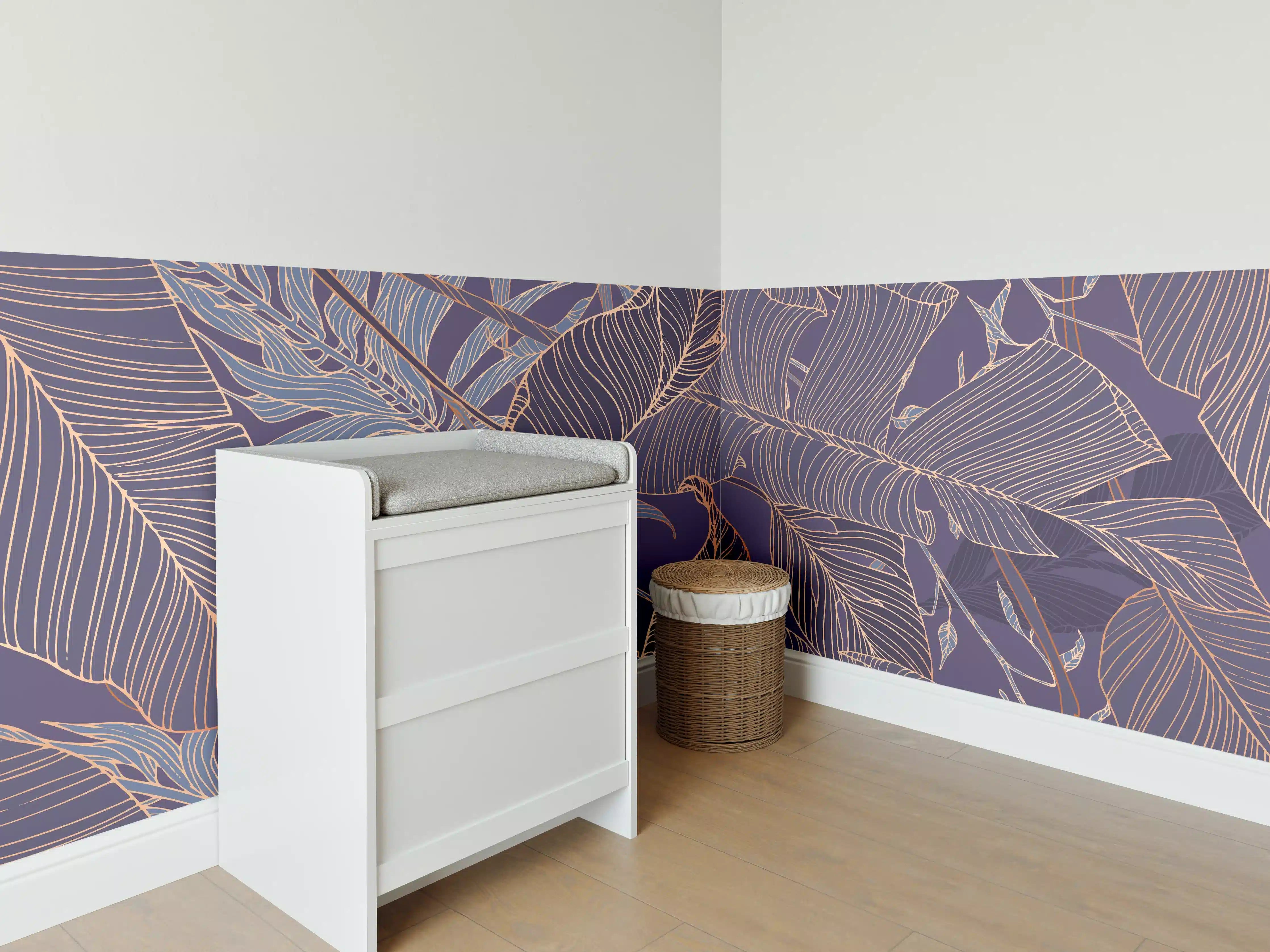 Babyzimmer Wandgestaltung - Abstrakte Lila-Goldene Blattmuster