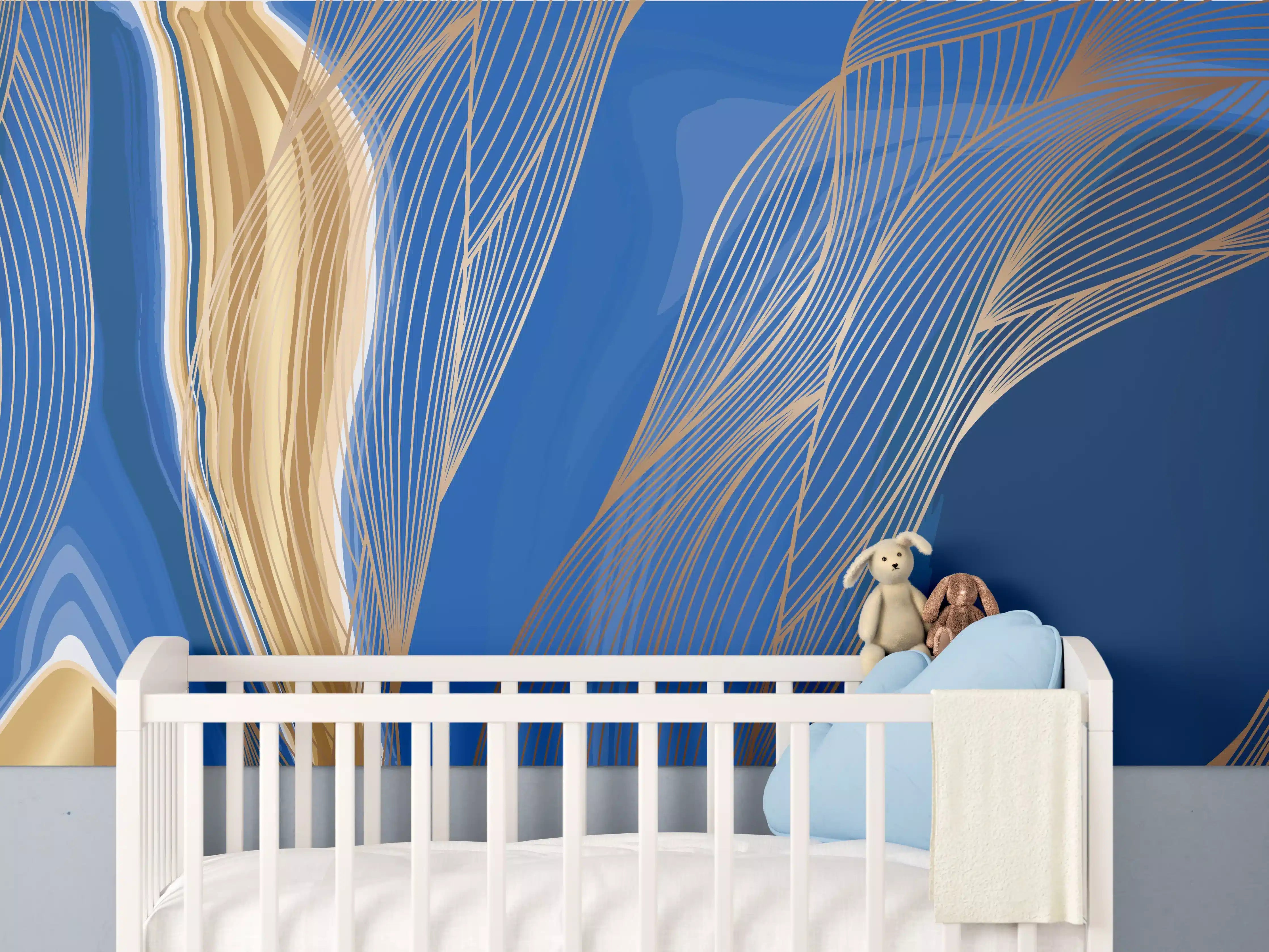 Babyzimmer Wandgestaltung - Abstrakte Linienkunst in Blau-Gold
