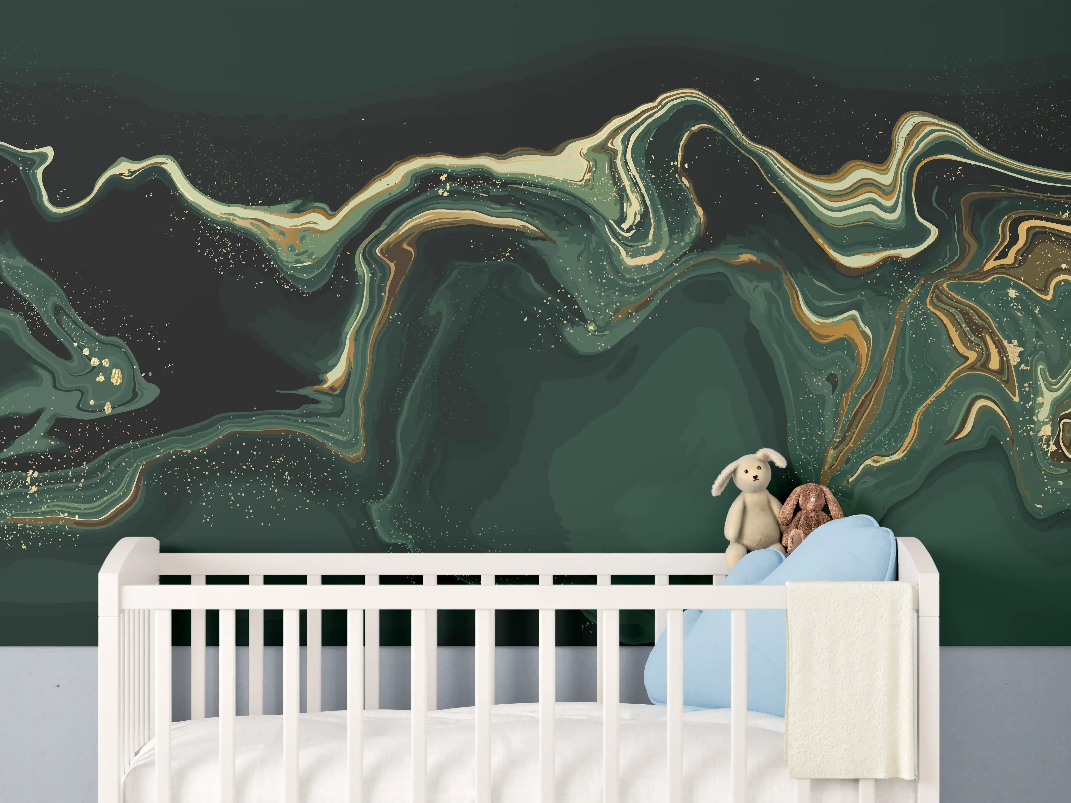 Babyzimmer Wandgestaltung - Abstrakte Marmortextur in Goldgrün