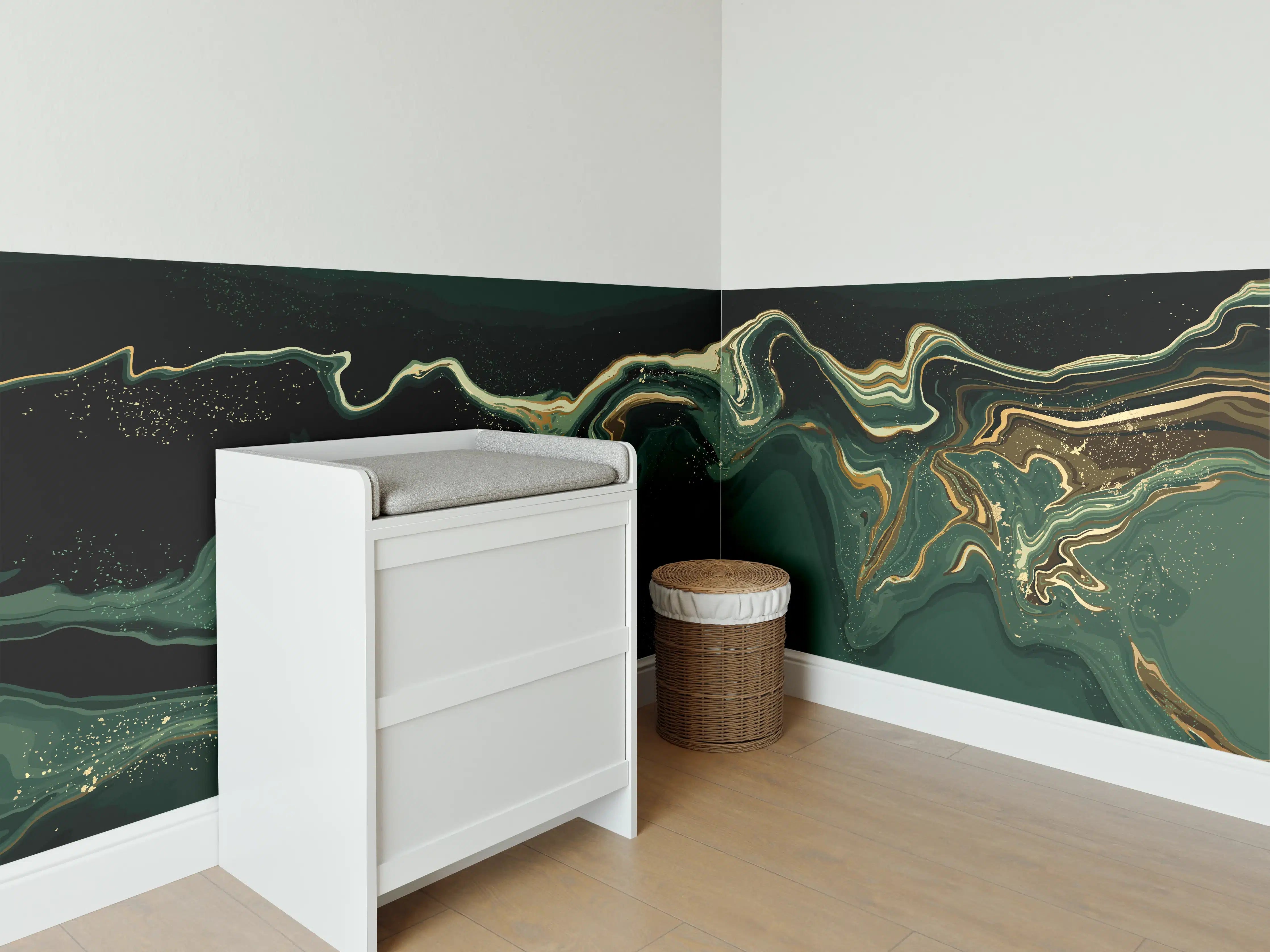 Babyzimmer Wandgestaltung - Abstrakte Marmortextur in Goldgrün