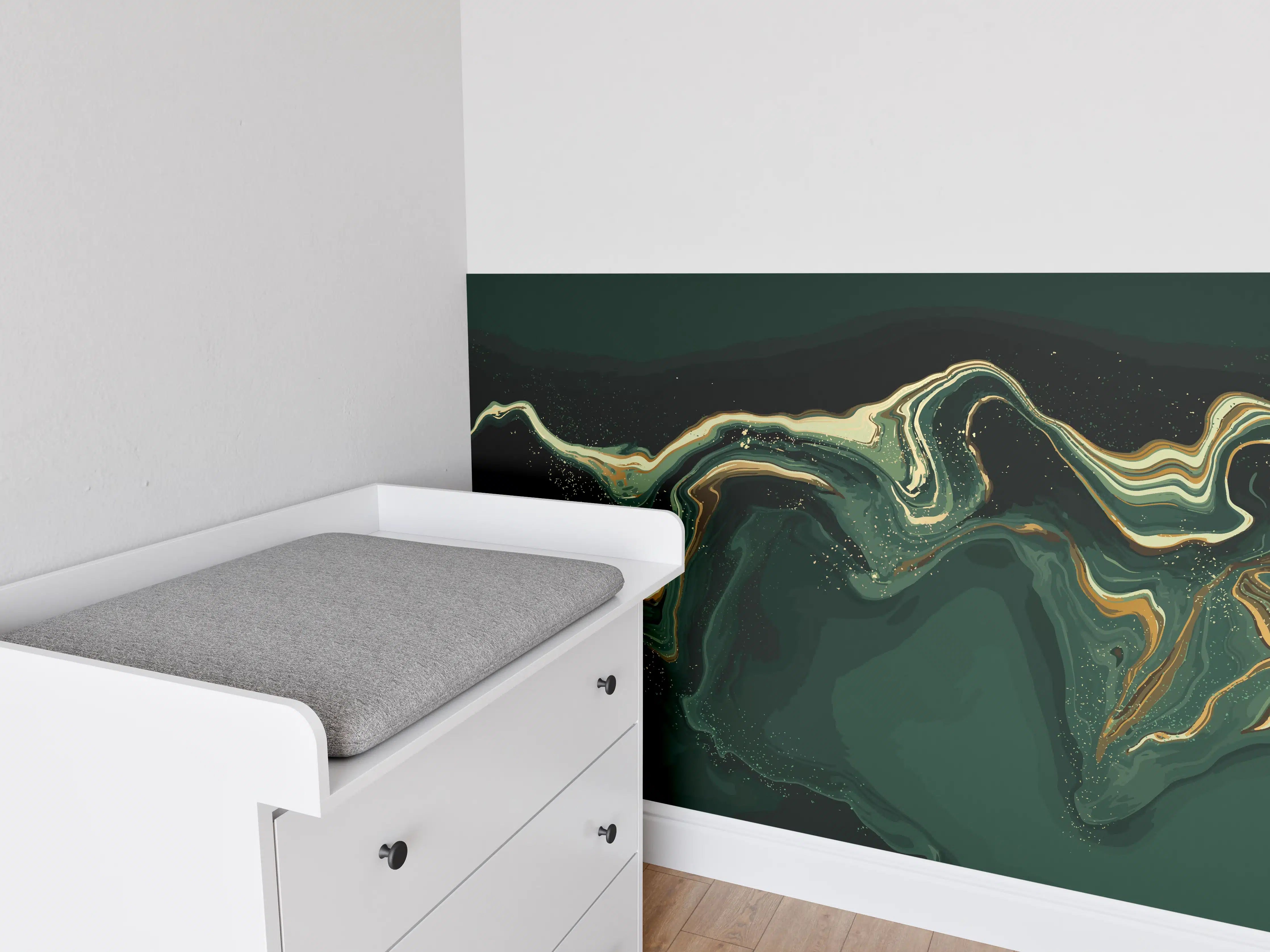Babyzimmer Wandgestaltung - Abstrakte Marmortextur in Goldgrün