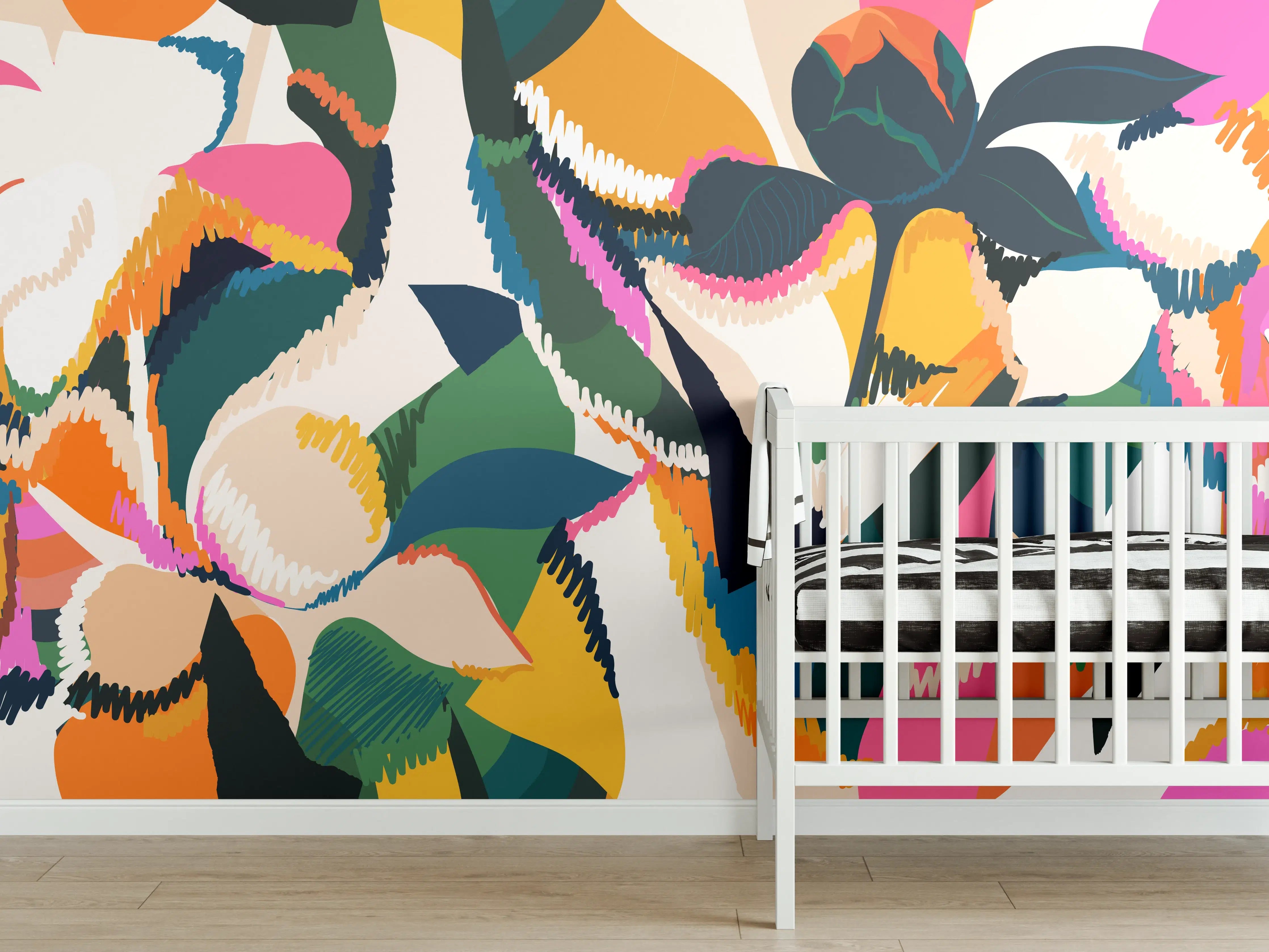 Babyzimmer Wandgestaltung - Abstrakte Tropische Blumen Pink-Orange
