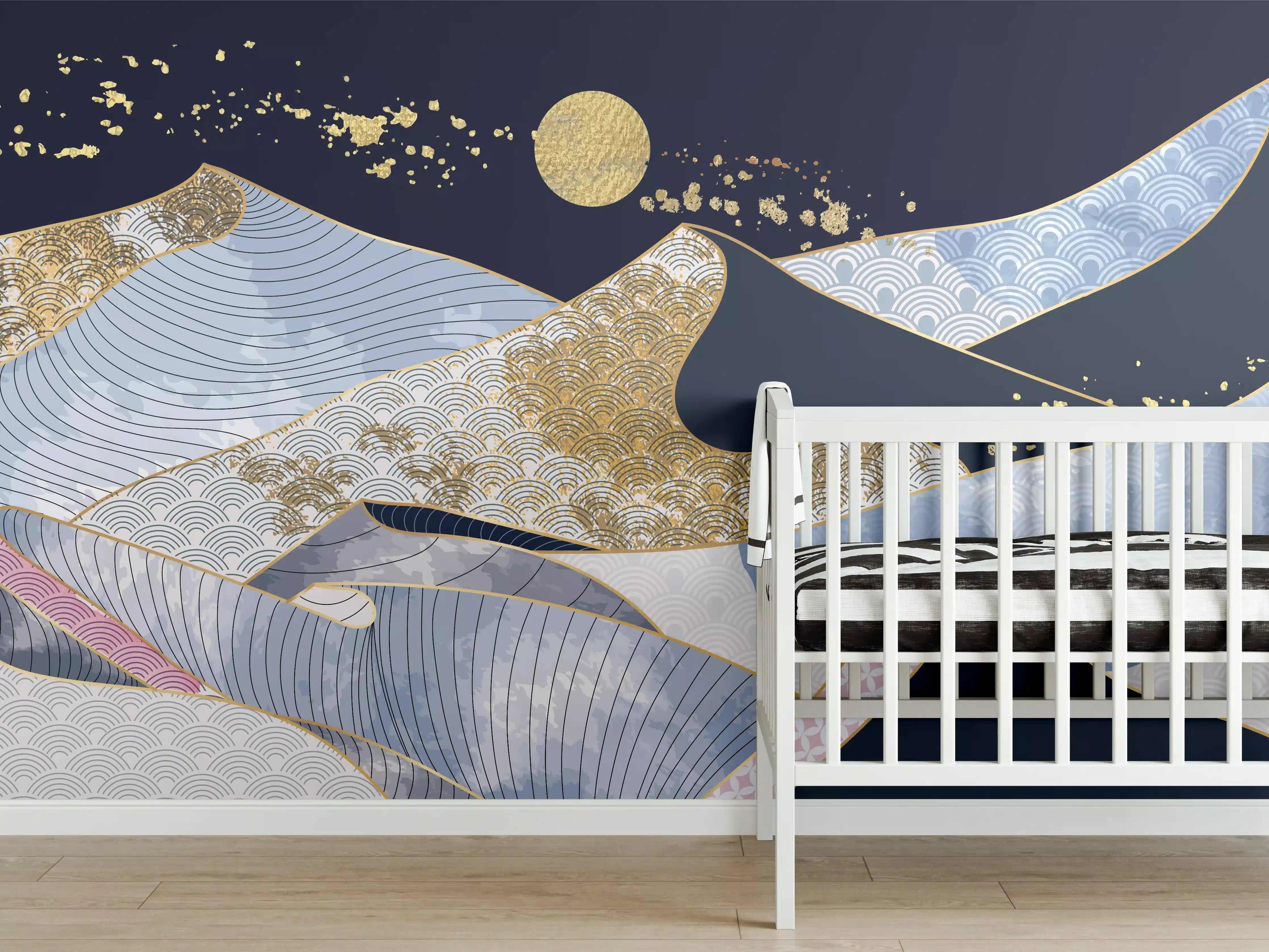 Babyzimmer Wandgestaltung - Abstrakte Wellen Gold Blau