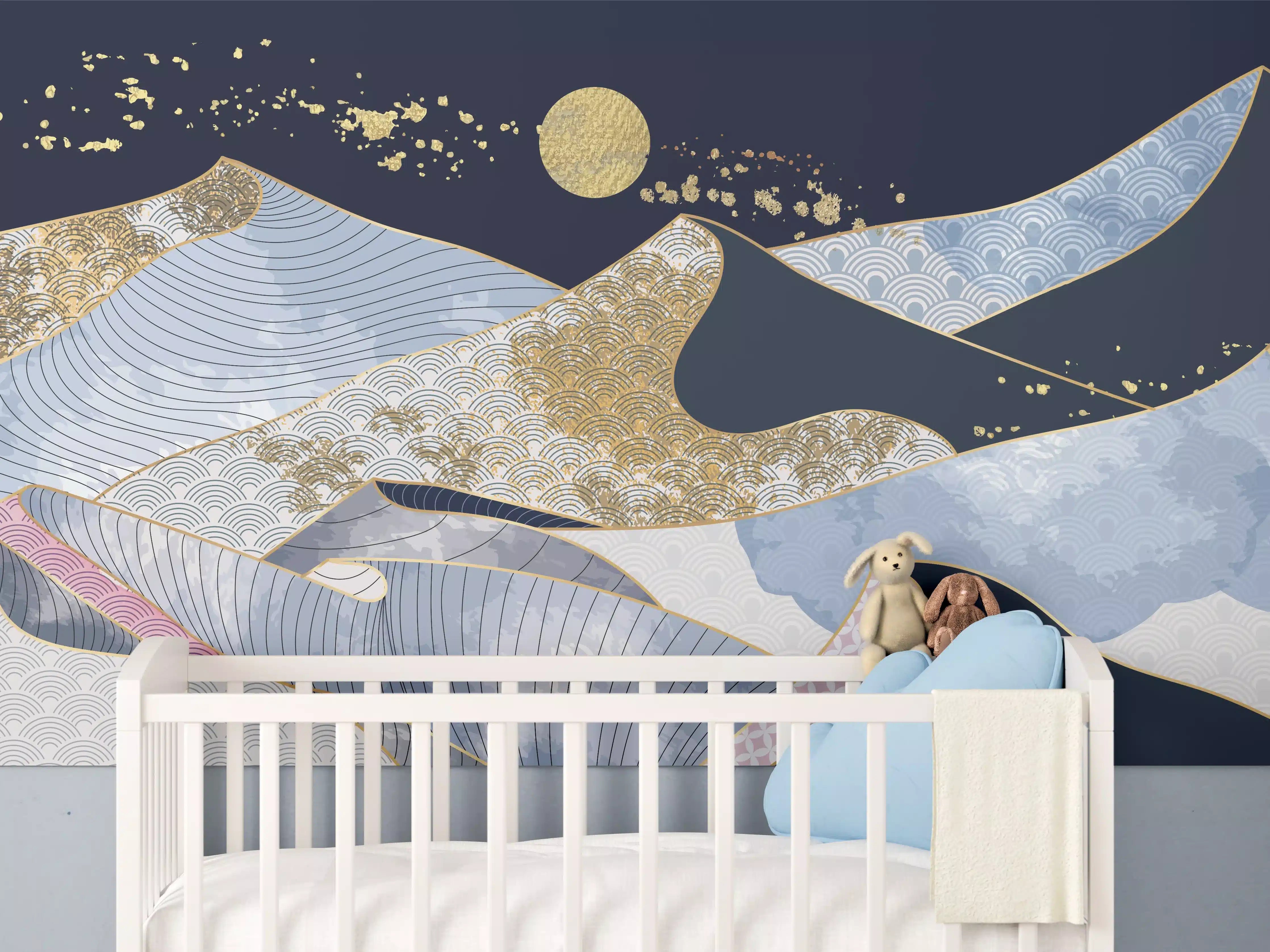 Babyzimmer Wandgestaltung - Abstrakte Wellen Gold Blau