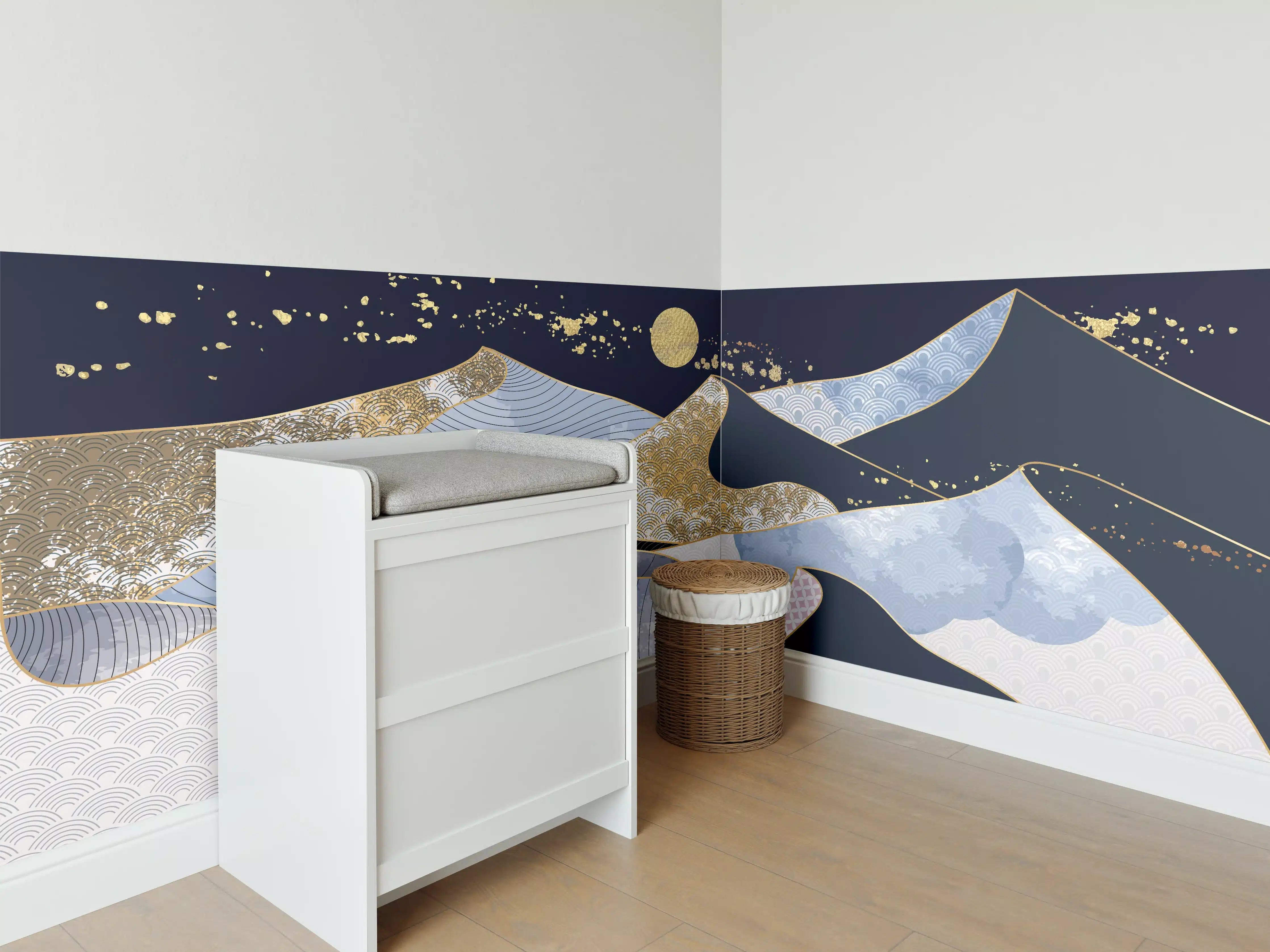 Babyzimmer Wandgestaltung - Abstrakte Wellen Gold Blau