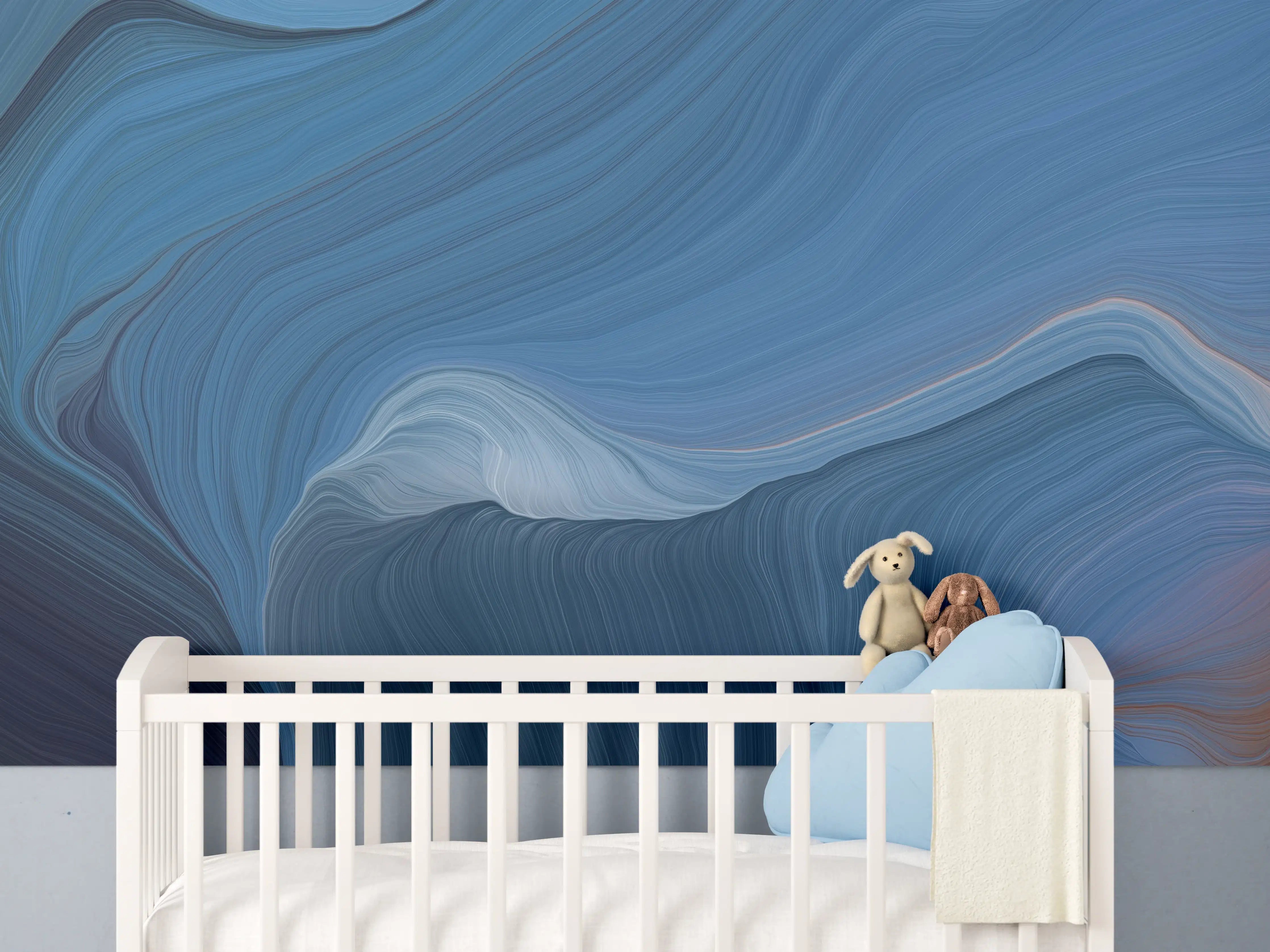 Babyzimmer Wandgestaltung - Abstrakte blaue Kunst in sanften Wellen