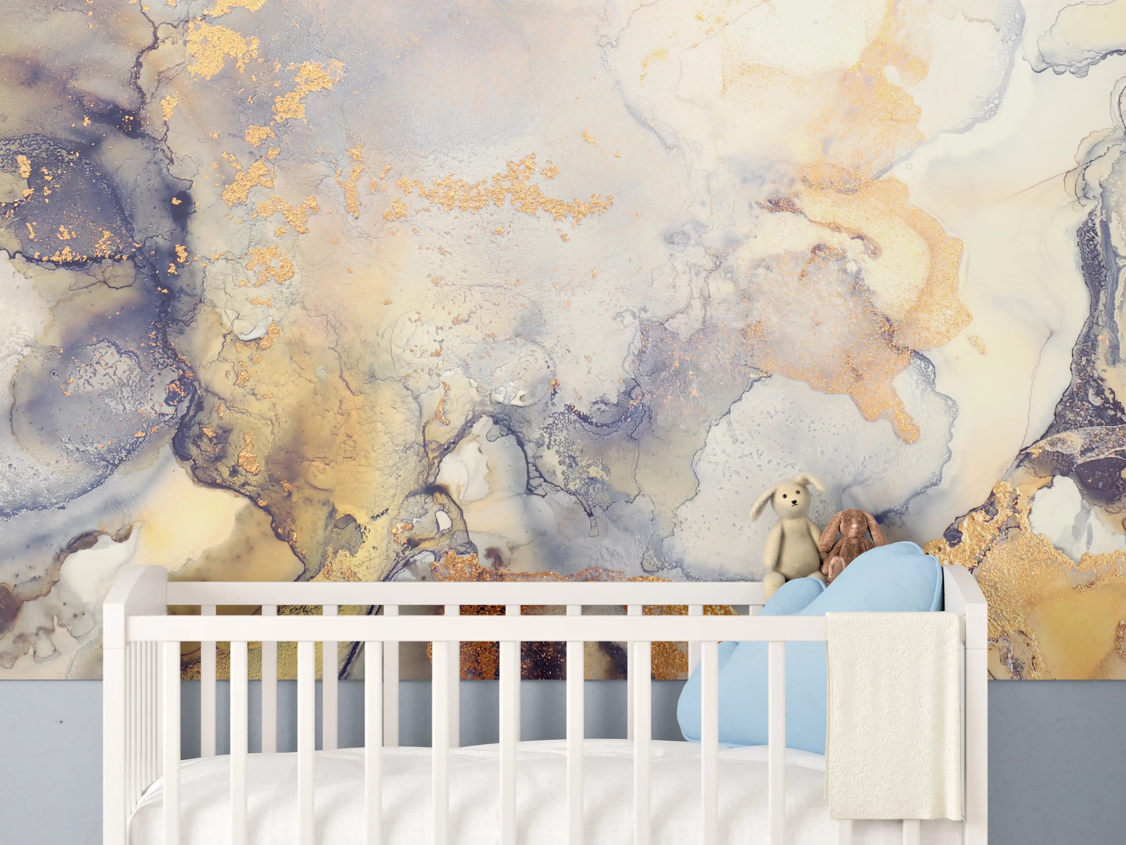 Babyzimmer Wandgestaltung - Abstrakte goldene Flüssigkunstmalerei 