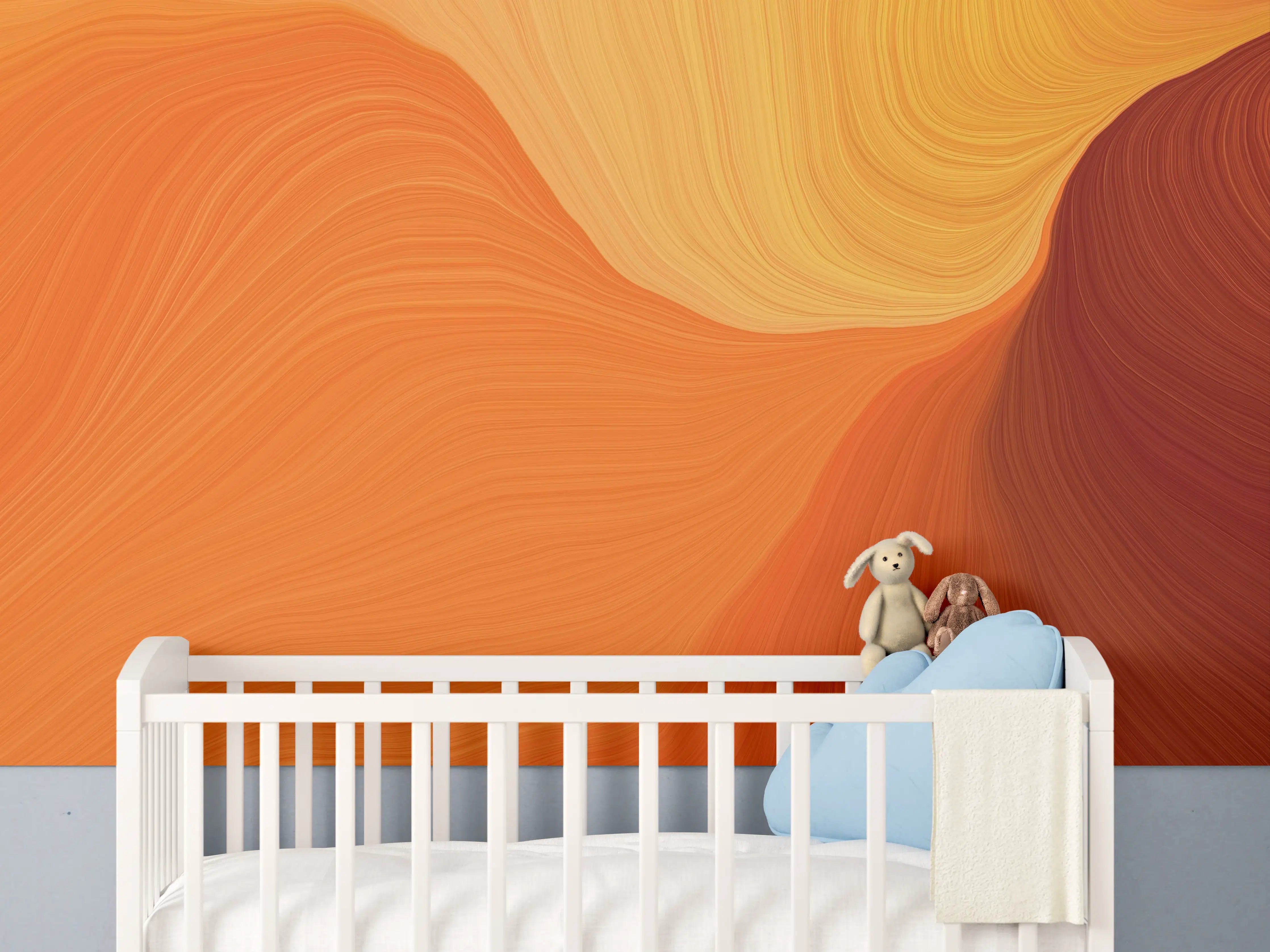 Babyzimmer Wandgestaltung - Abstrakte orange Farbverläufe mit sanften Wellen