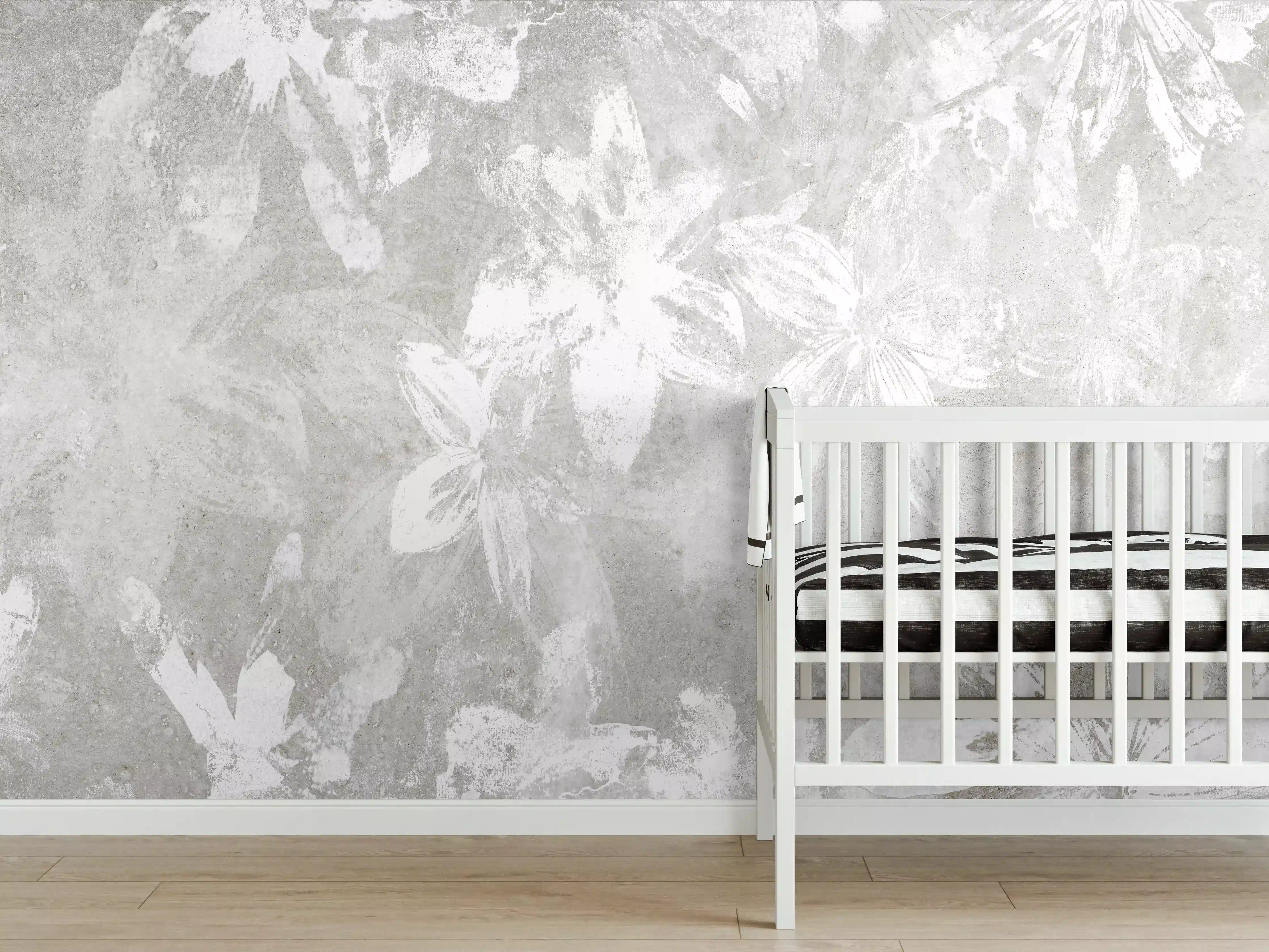Babyzimmer Wandgestaltung - Abstrakte weiße Blumen auf Beton