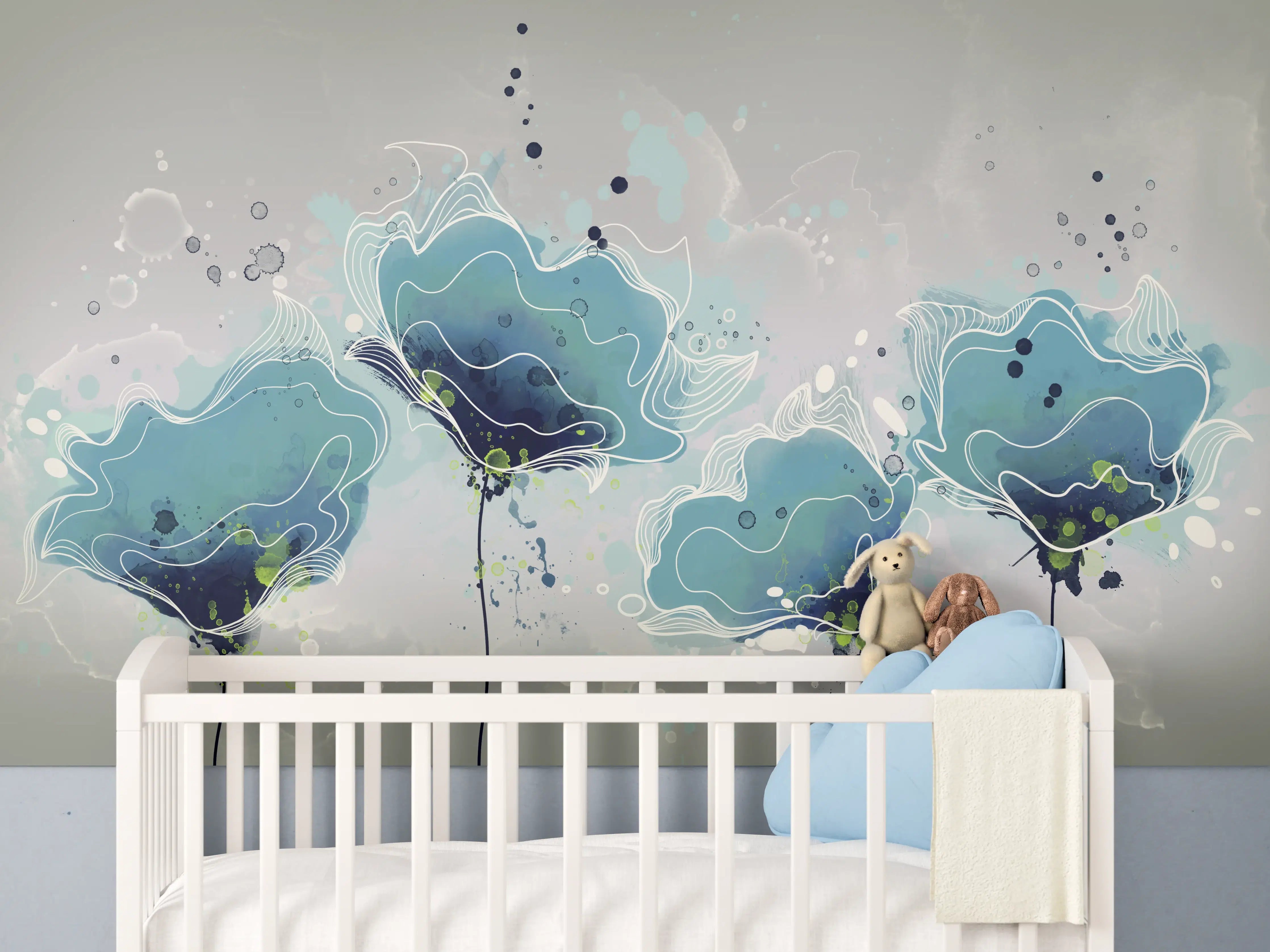 Babyzimmer Wandgestaltung - Abstrakten blauen Aquarellblumen