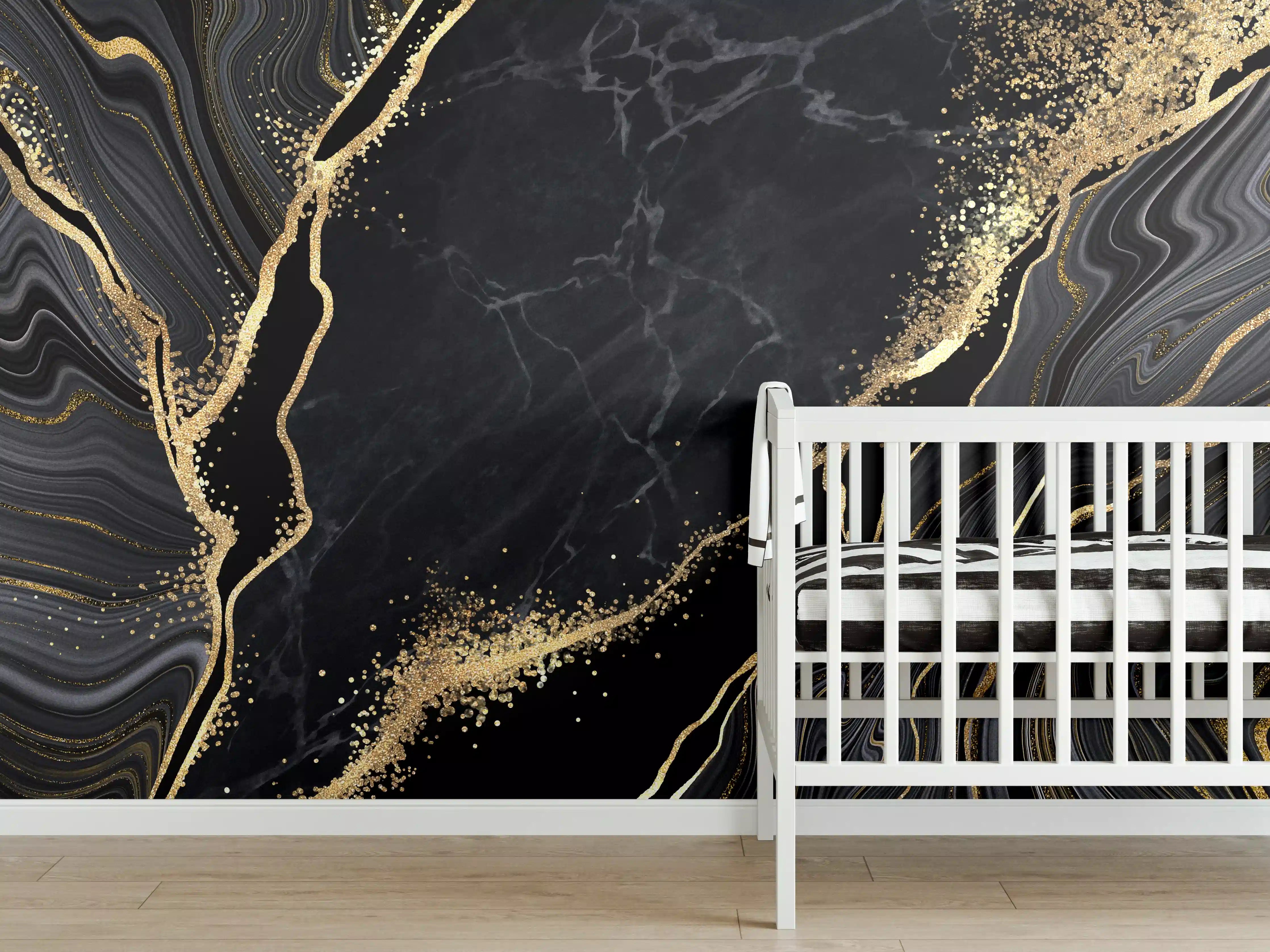 Babyzimmer Wandgestaltung - Abstrakter schwarzer Marmor mit goldenen Adern