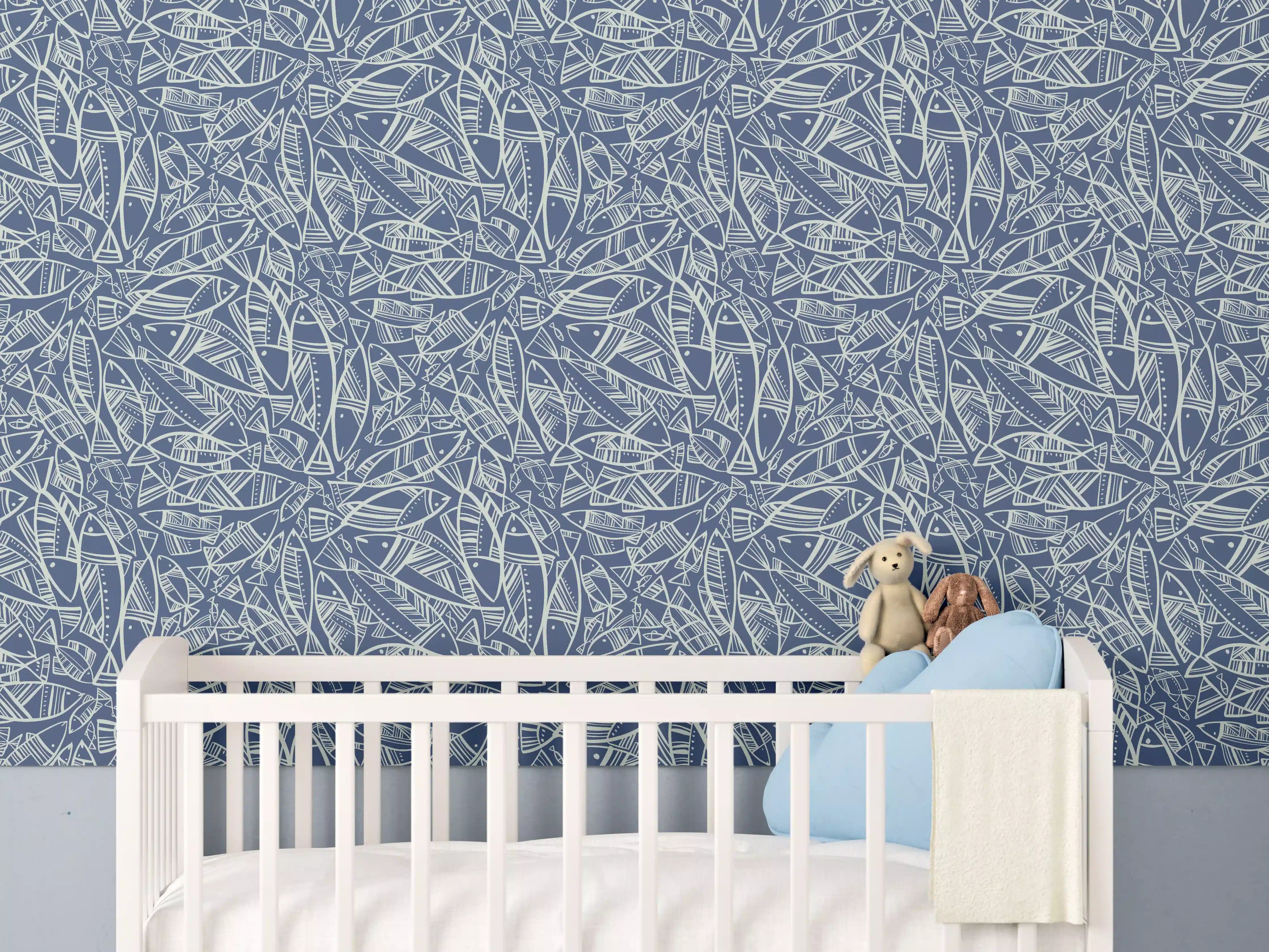 Babyzimmer Wandgestaltung - Abstraktes Fischmuster Blau