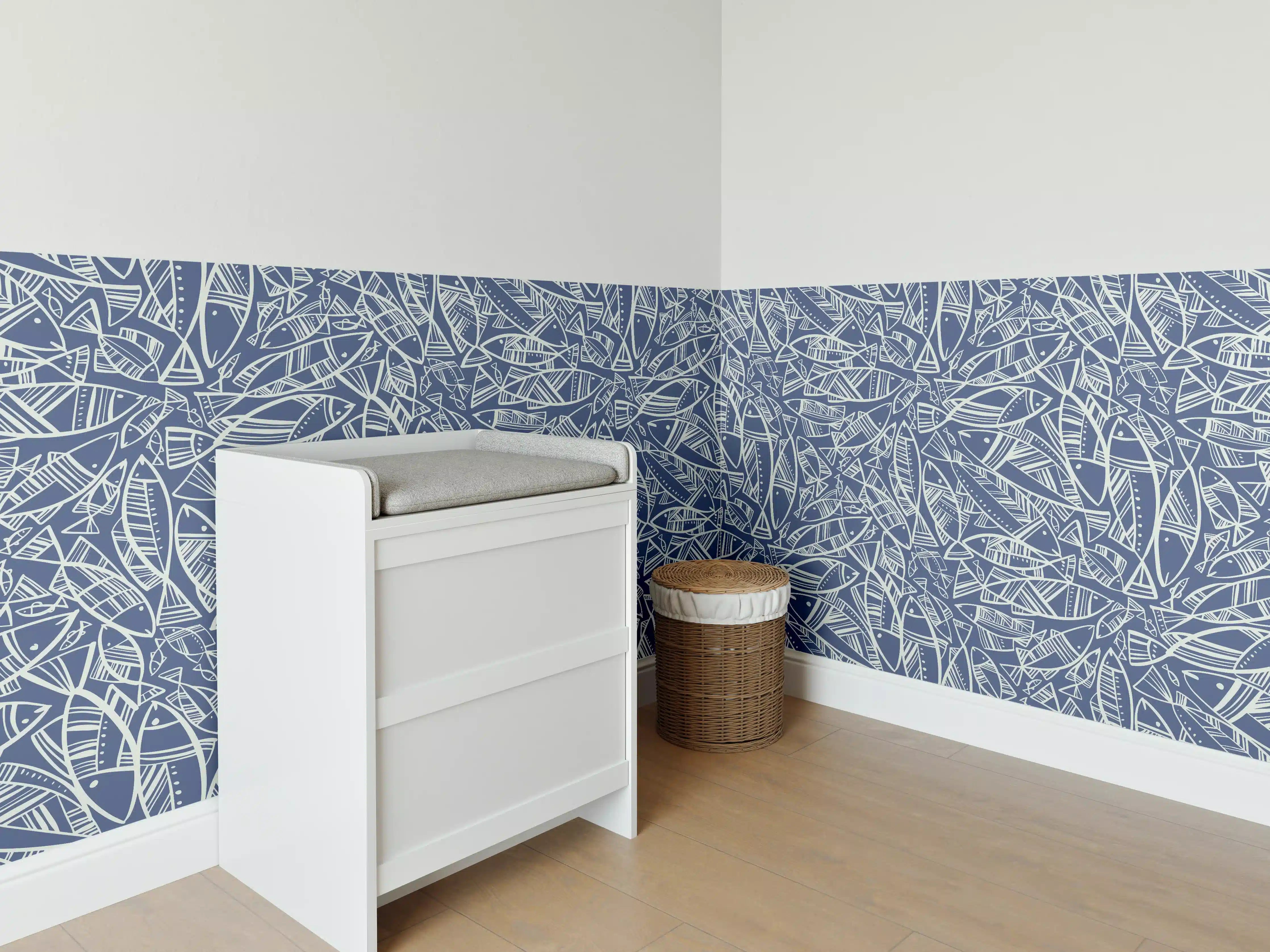 Babyzimmer Wandgestaltung - Abstraktes Fischmuster Blau