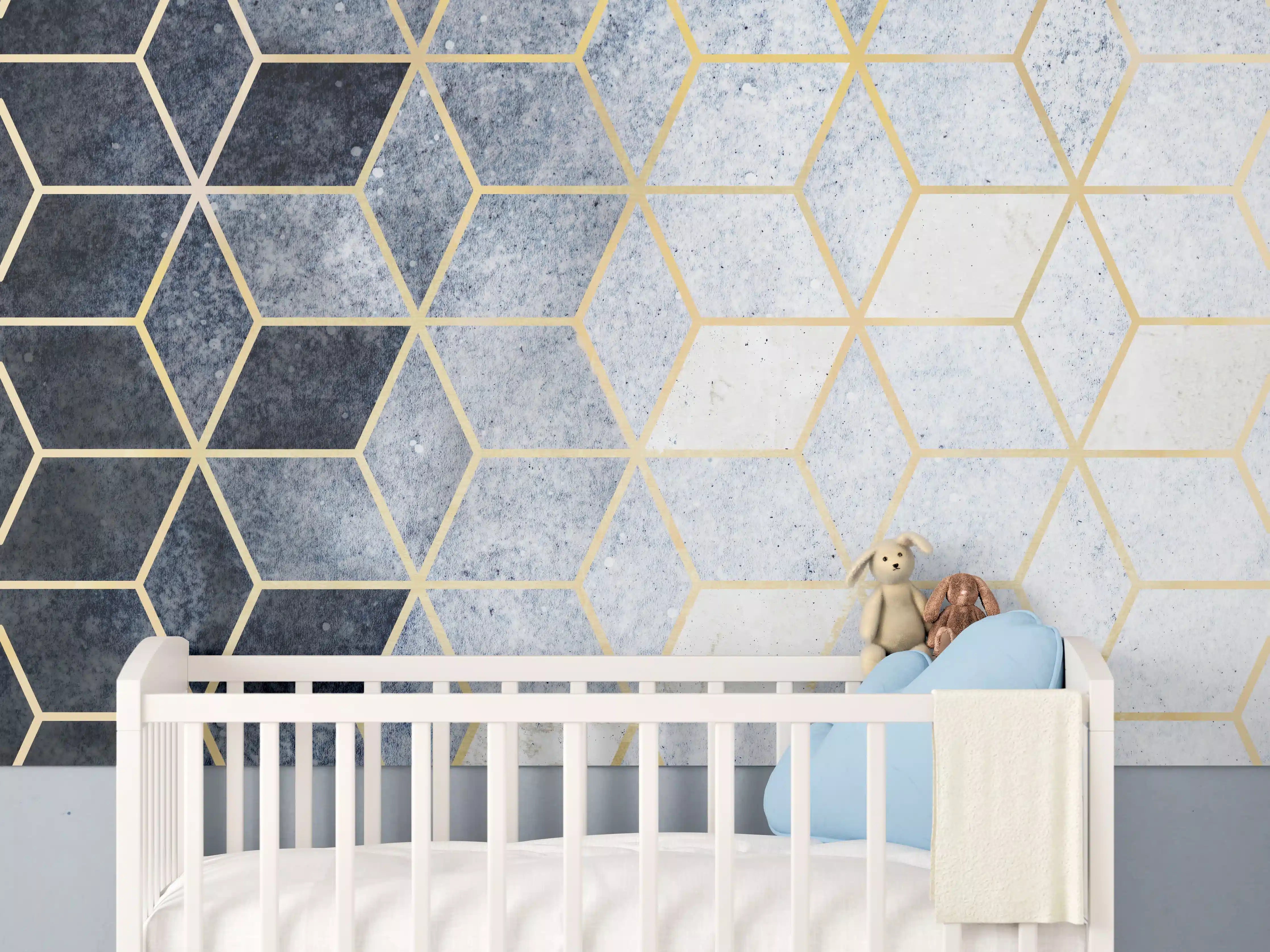 Babyzimmer Wandgestaltung - Abstraktes blaues kubisches Muster mit Goldumrandung