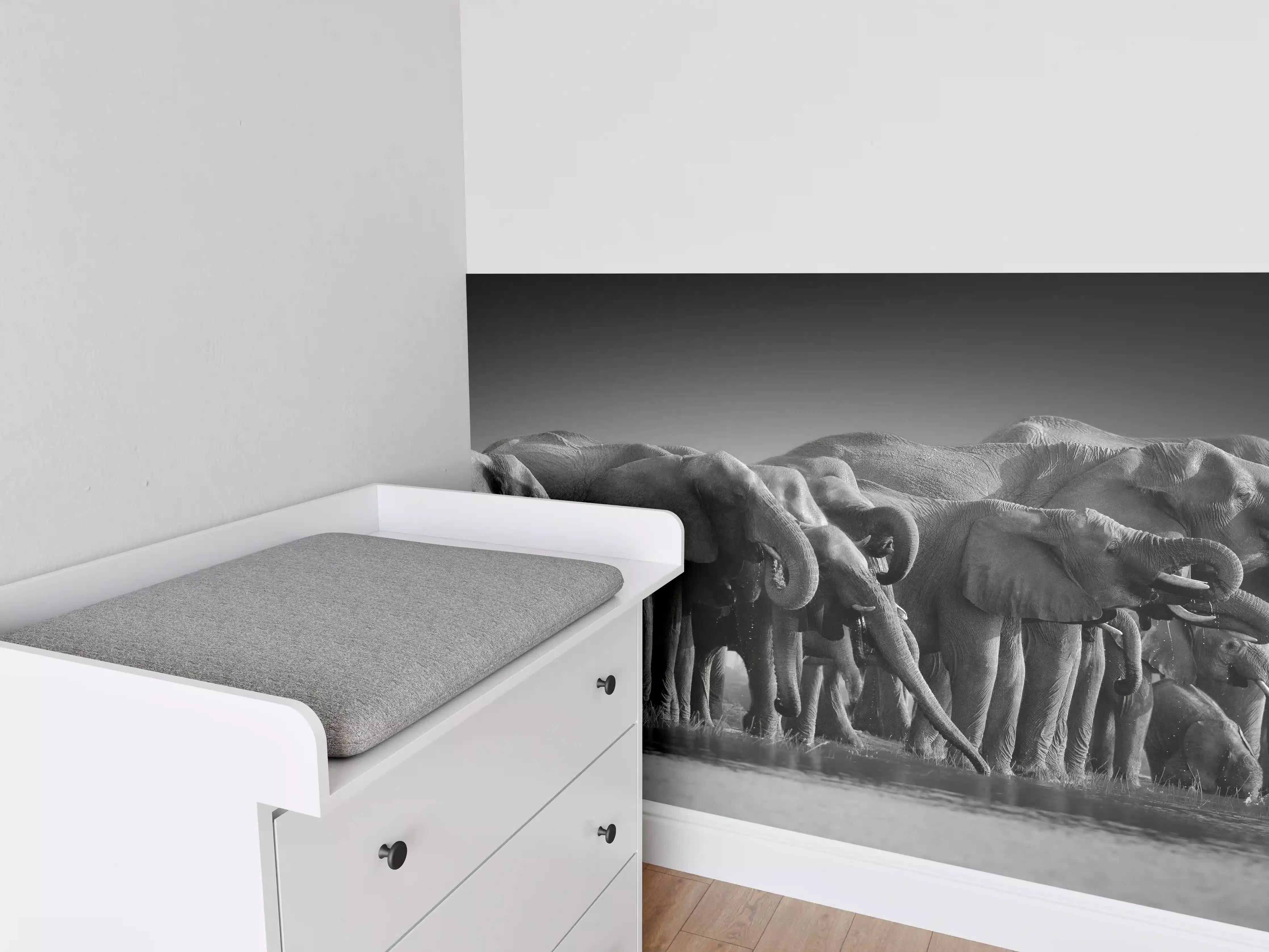 Babyzimmer Wandgestaltung - Afrikanische Elefantenherde (Schwarz-Weiß)