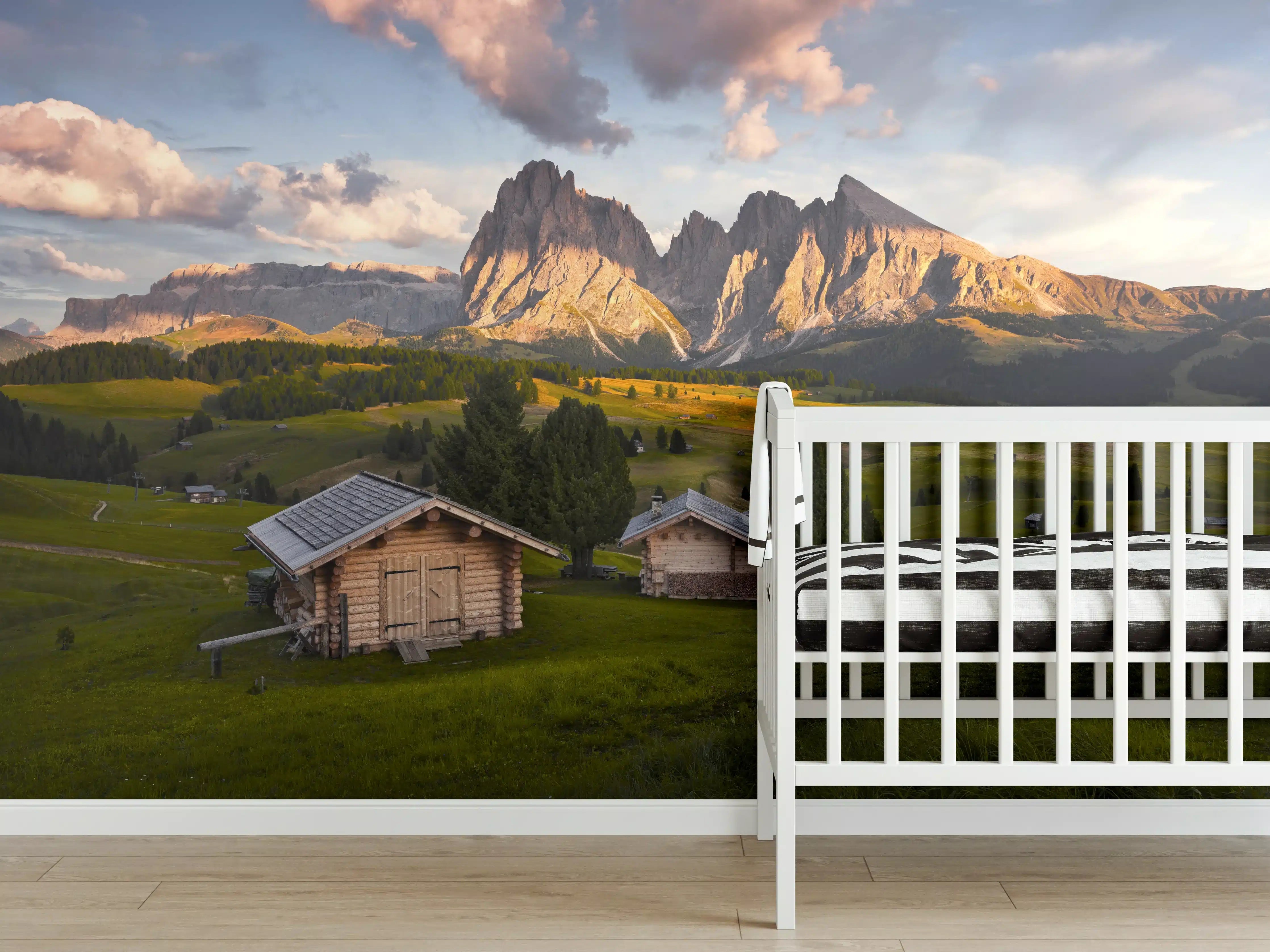 Babyzimmer Wandgestaltung - Alpenhütten Sonnenuntergang Grün