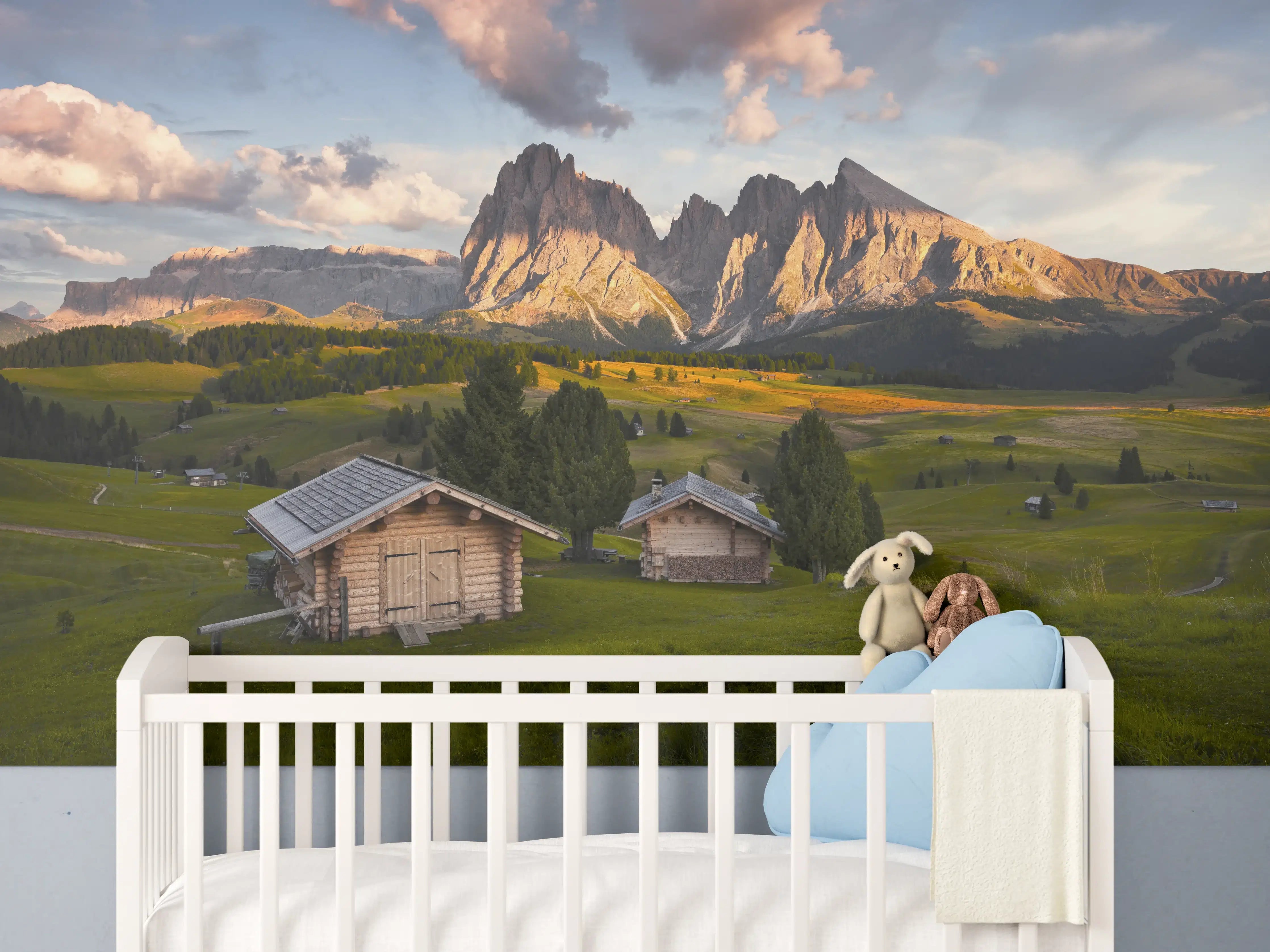 Babyzimmer Wandgestaltung - Alpenhütten Sonnenuntergang Grün