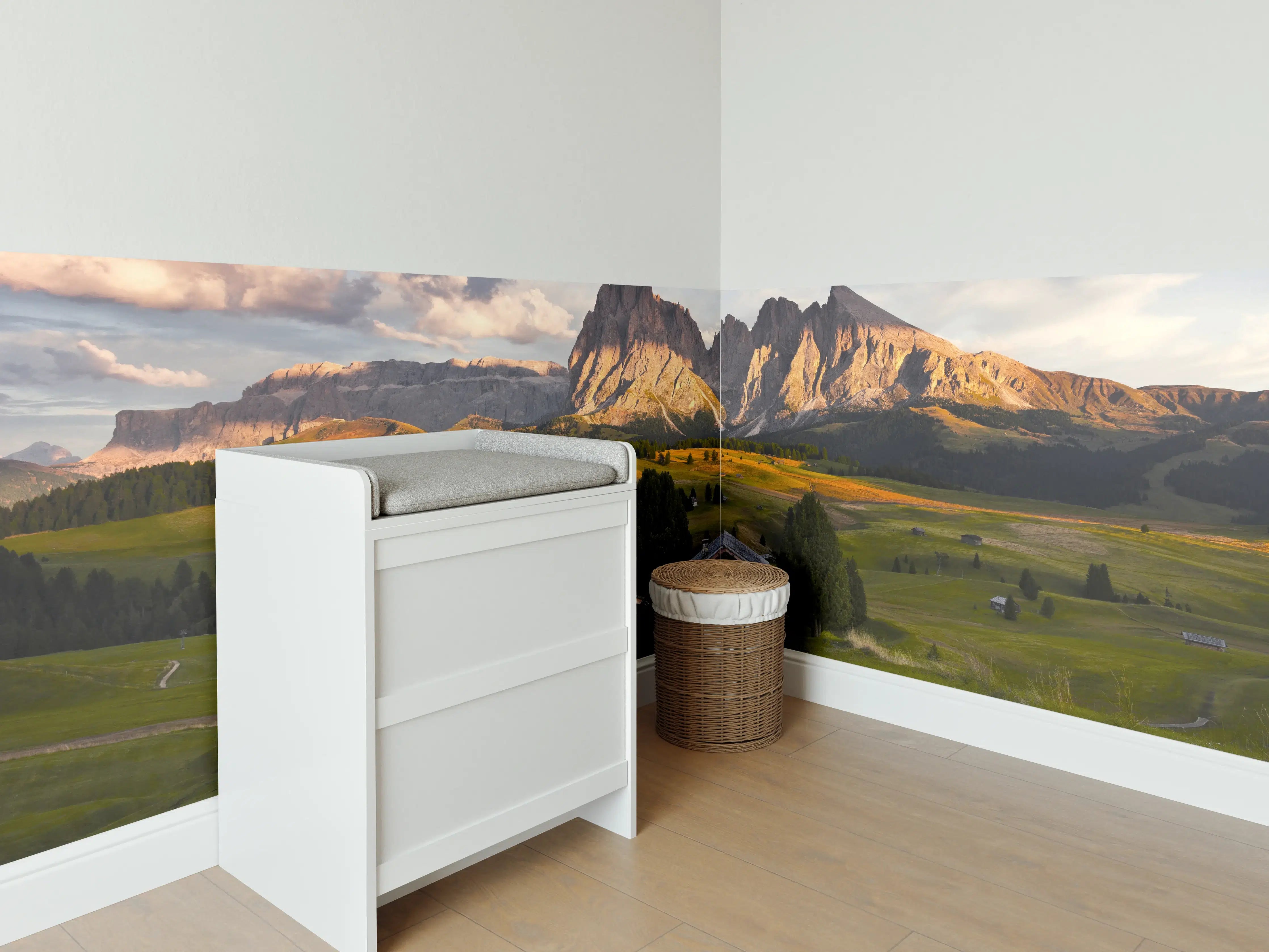 Babyzimmer Wandgestaltung - Alpenhütten Sonnenuntergang Grün