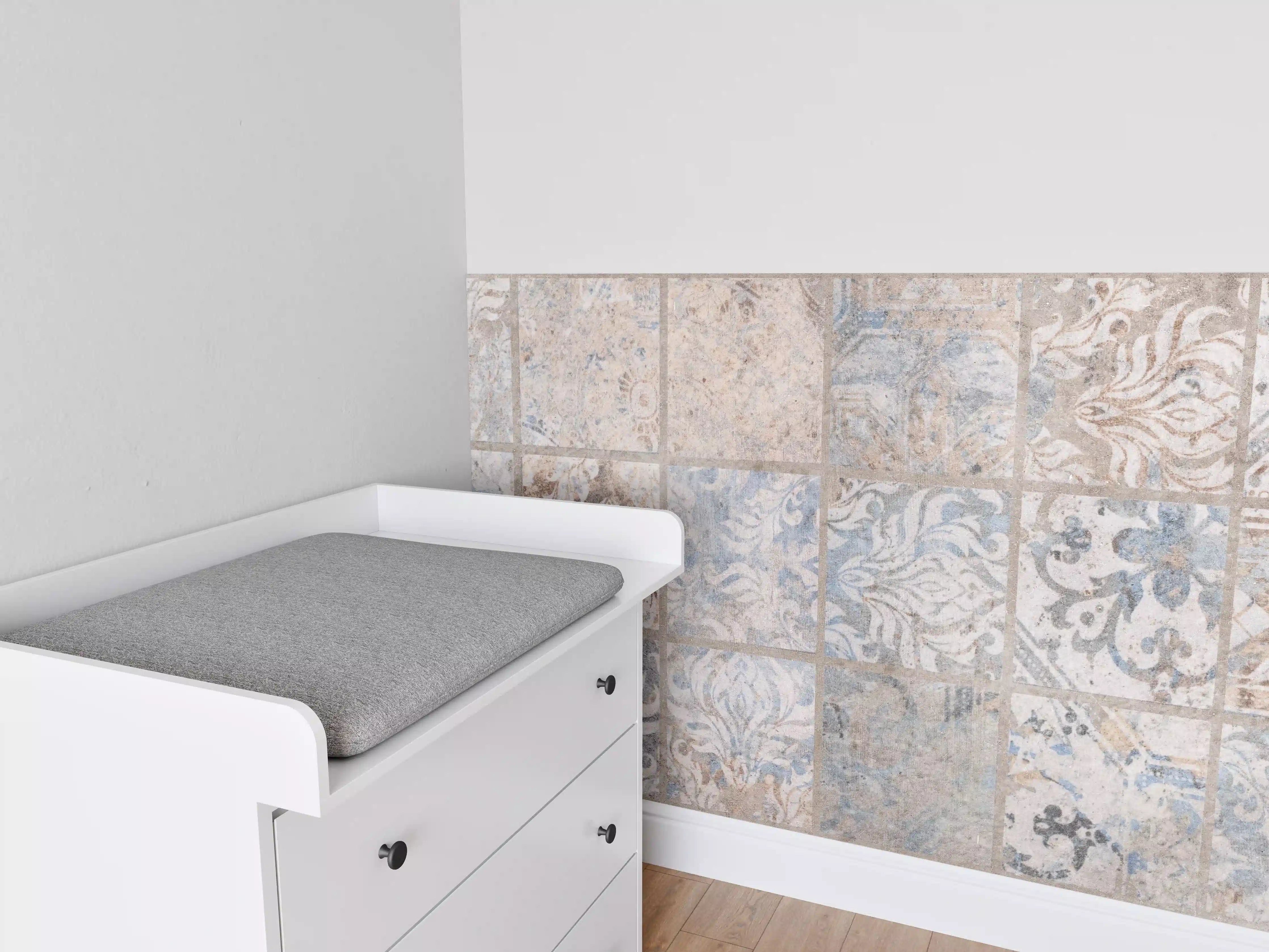 Babyzimmer Wandgestaltung - Altes blau-braun Patchwork Motiv