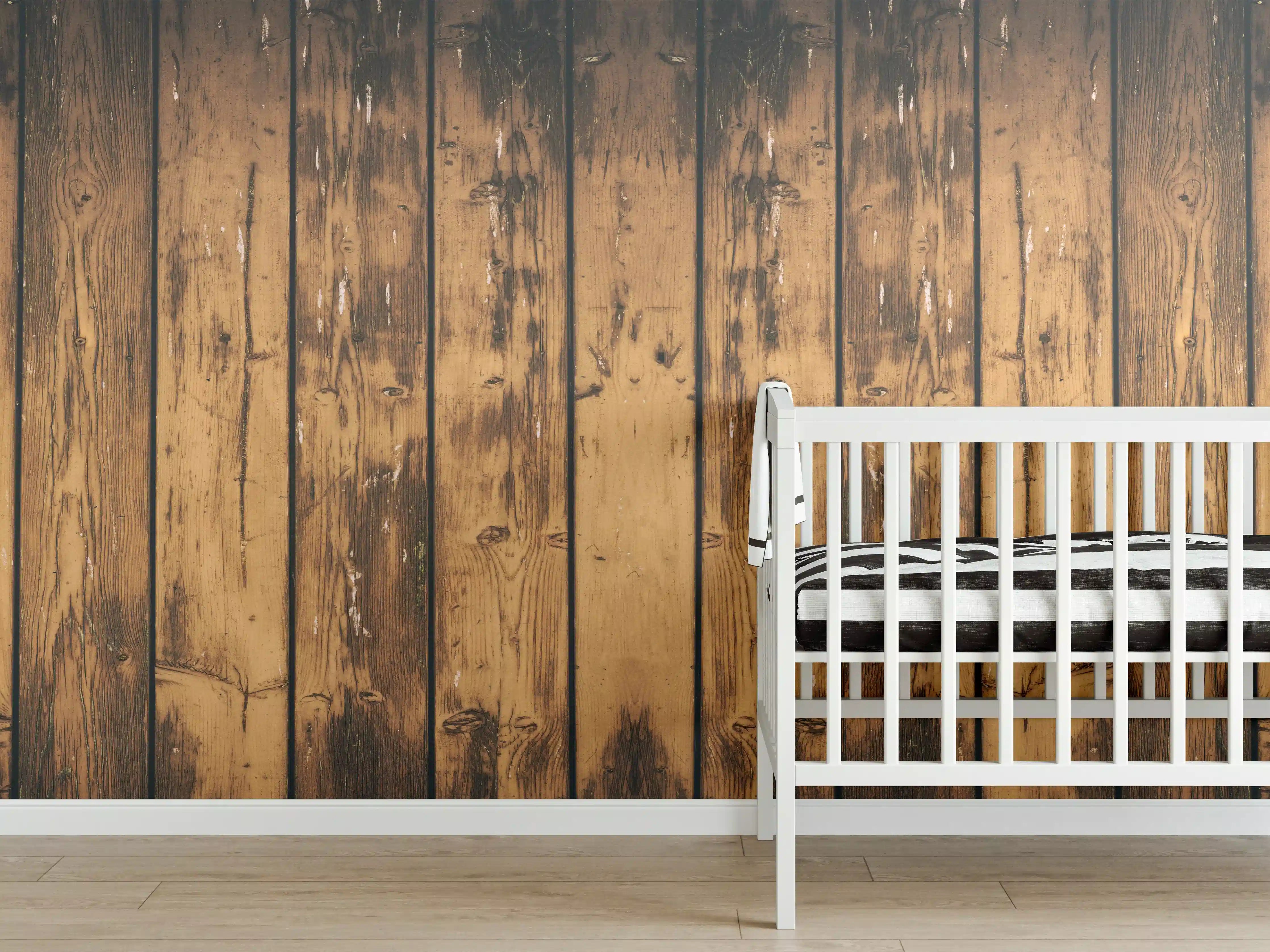 Babyzimmer Wandgestaltung - Aneinandergereihte leicht angebrannte Holzplatten