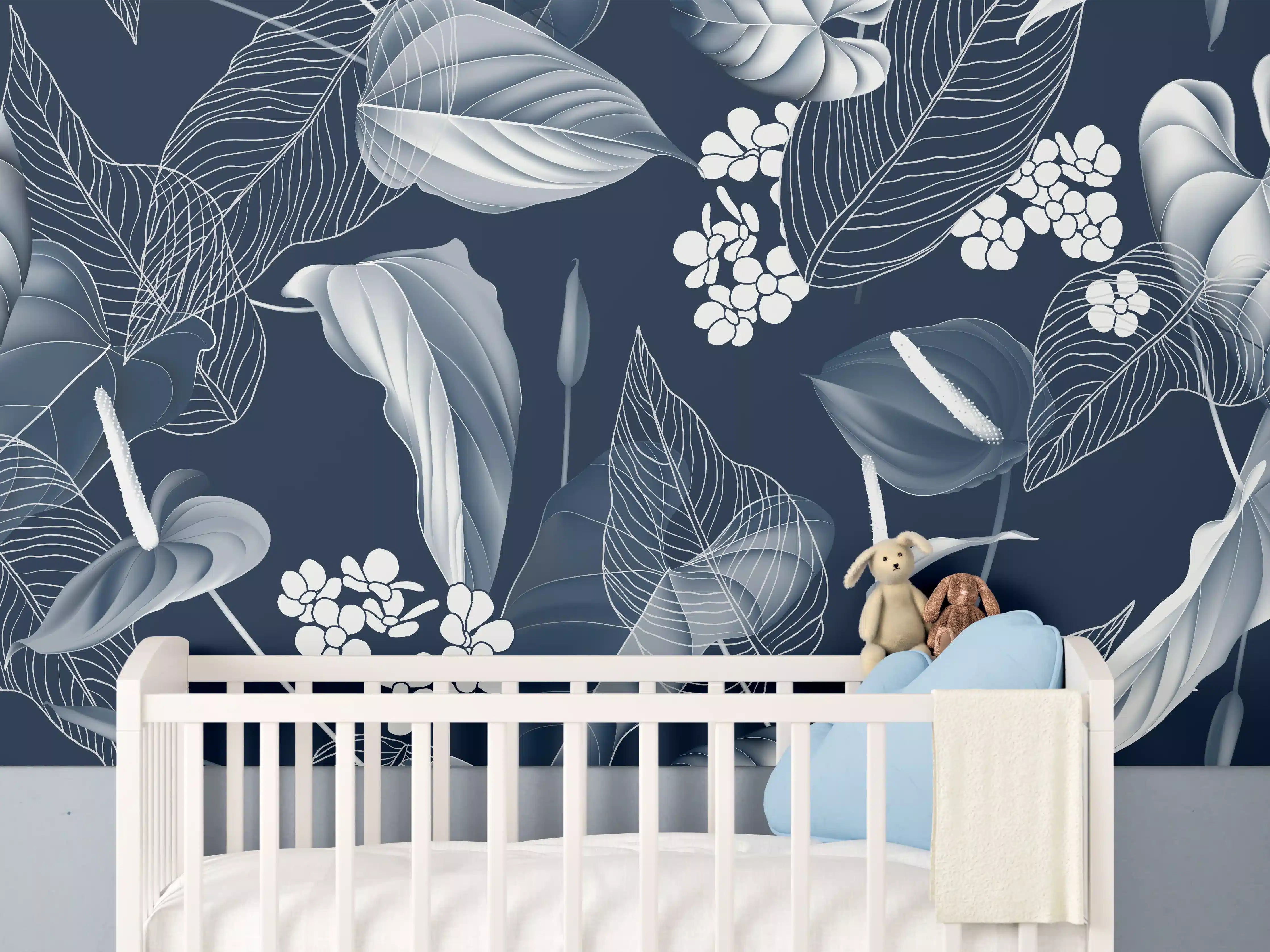 Babyzimmer Wandgestaltung - Anthurium Blumen Dunkelblau Muster