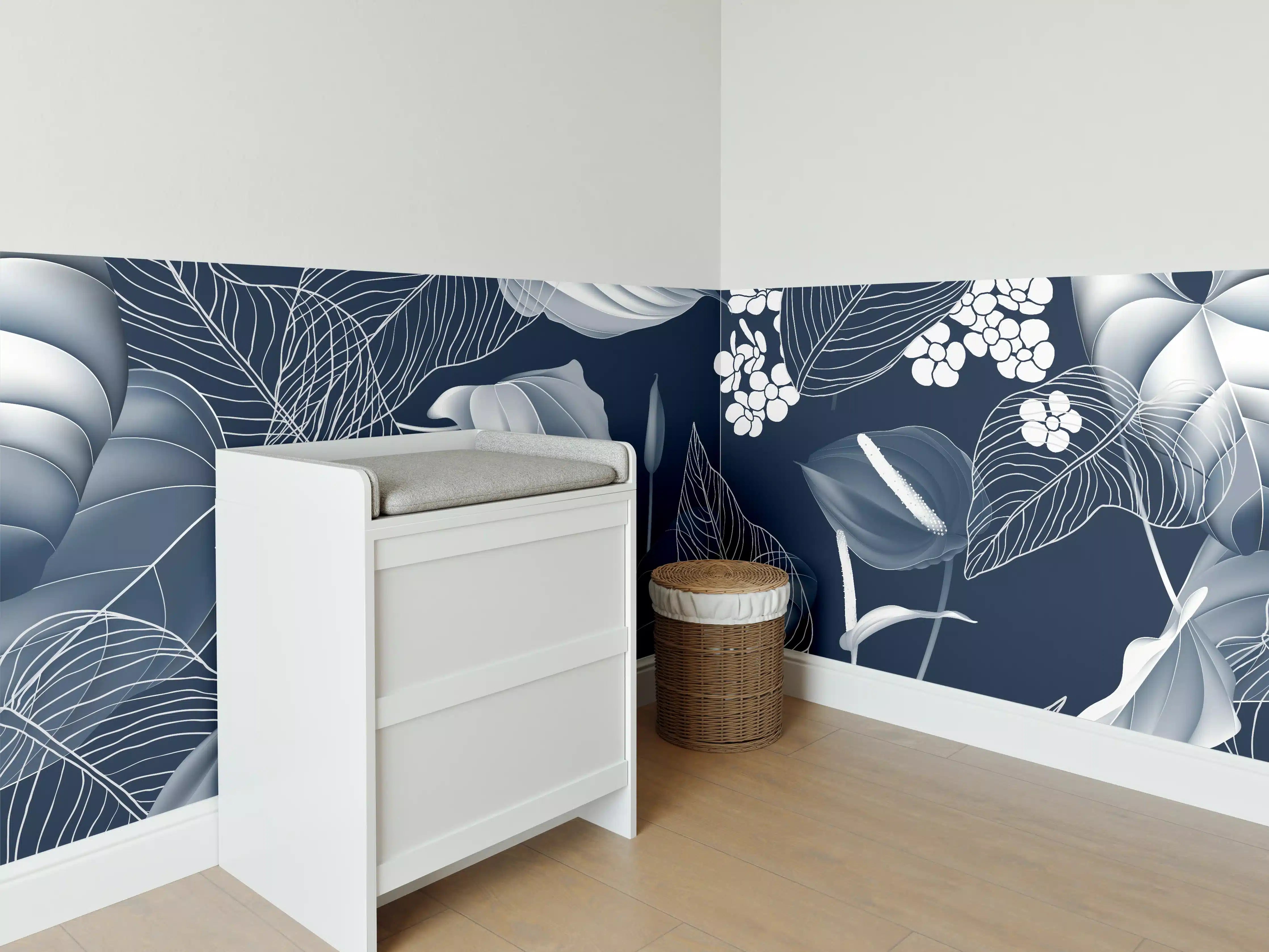 Babyzimmer Wandgestaltung - Anthurium Blumen Dunkelblau Muster