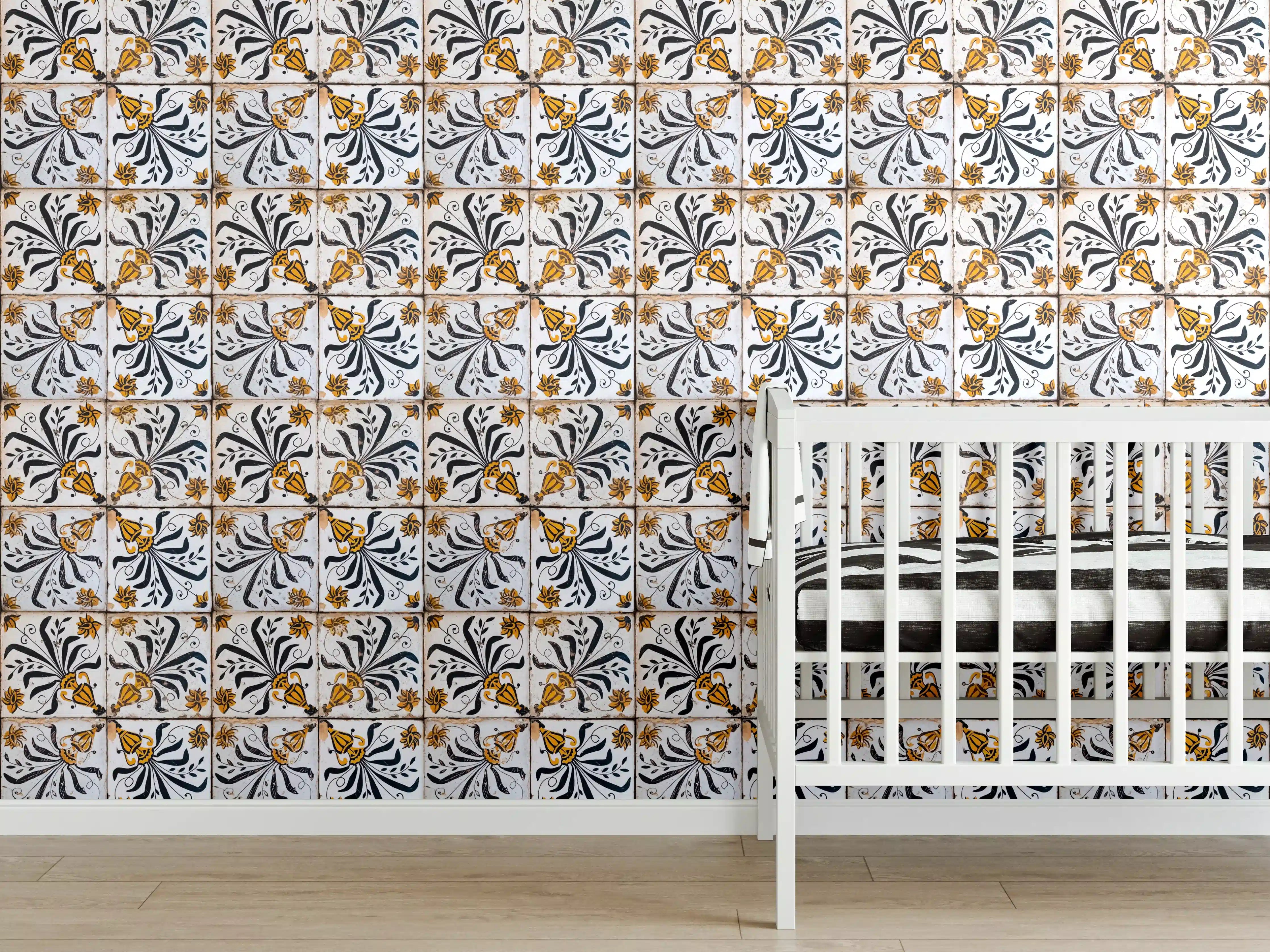 Babyzimmer Wandgestaltung - Antike Fliesenmuster in Blau und Gold