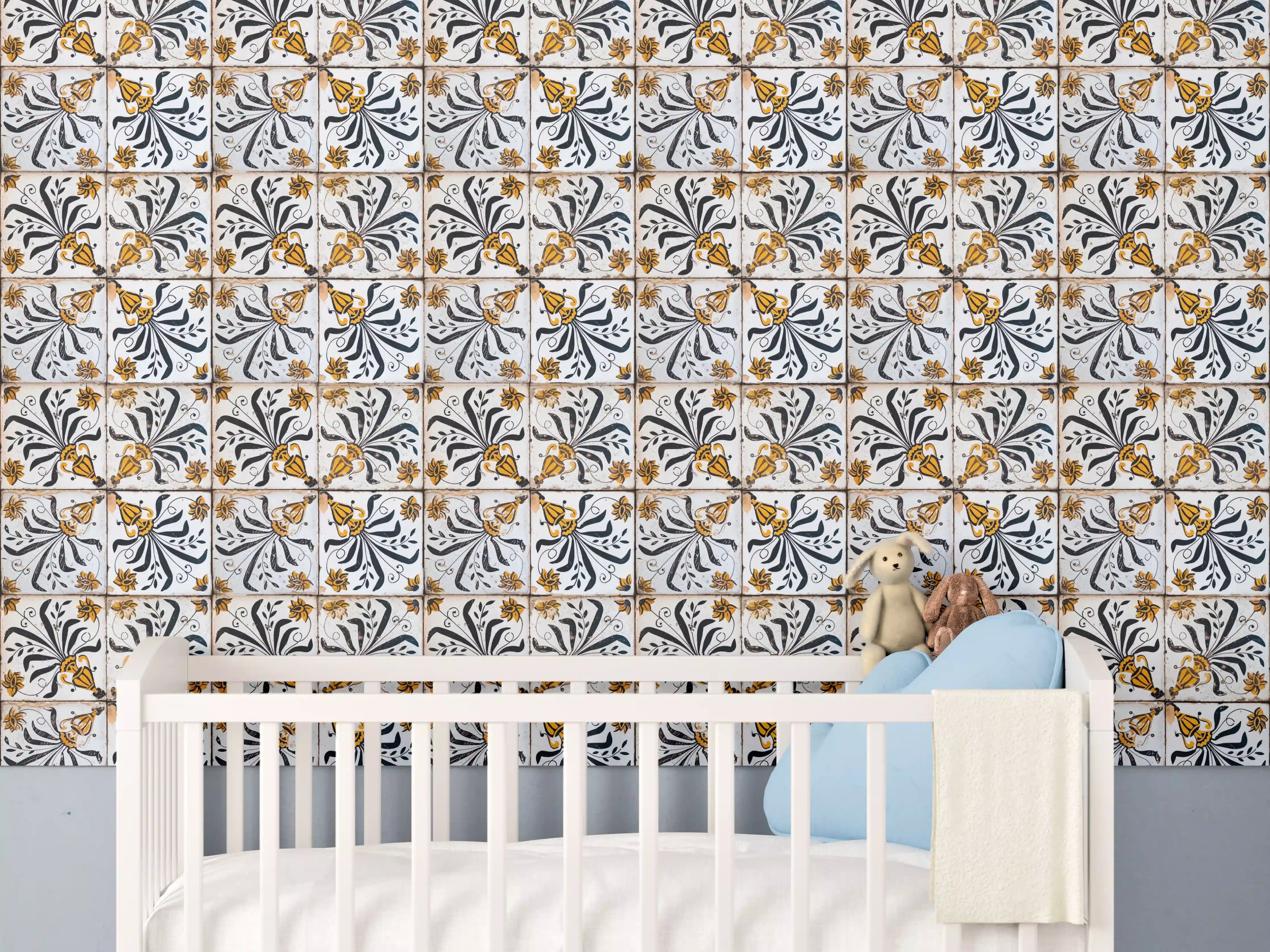 Babyzimmer Wandgestaltung - Antike Fliesenmuster in Blau und Gold