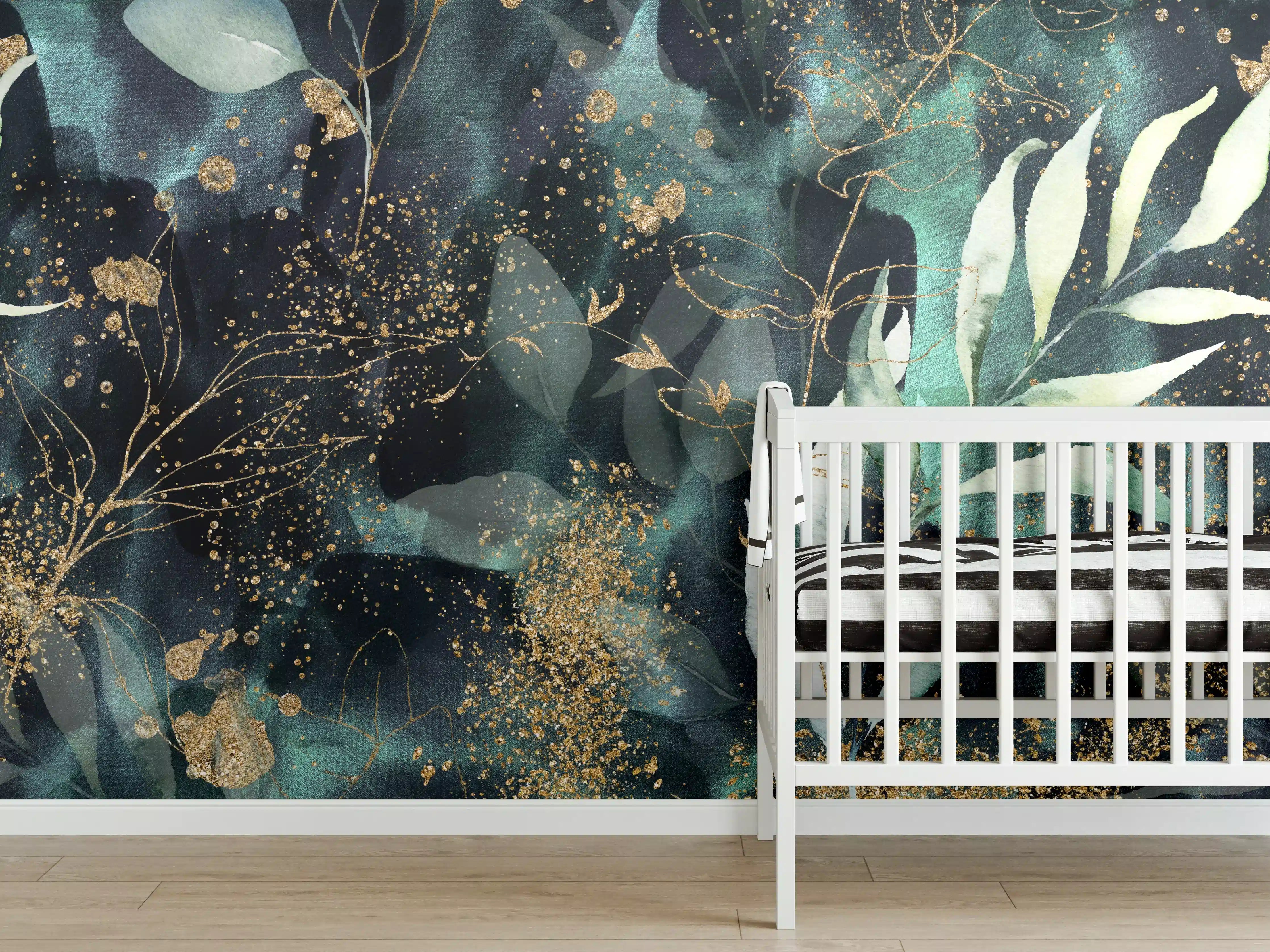Babyzimmer Wandgestaltung - Aquarell - abstrakte Blumen mit gold