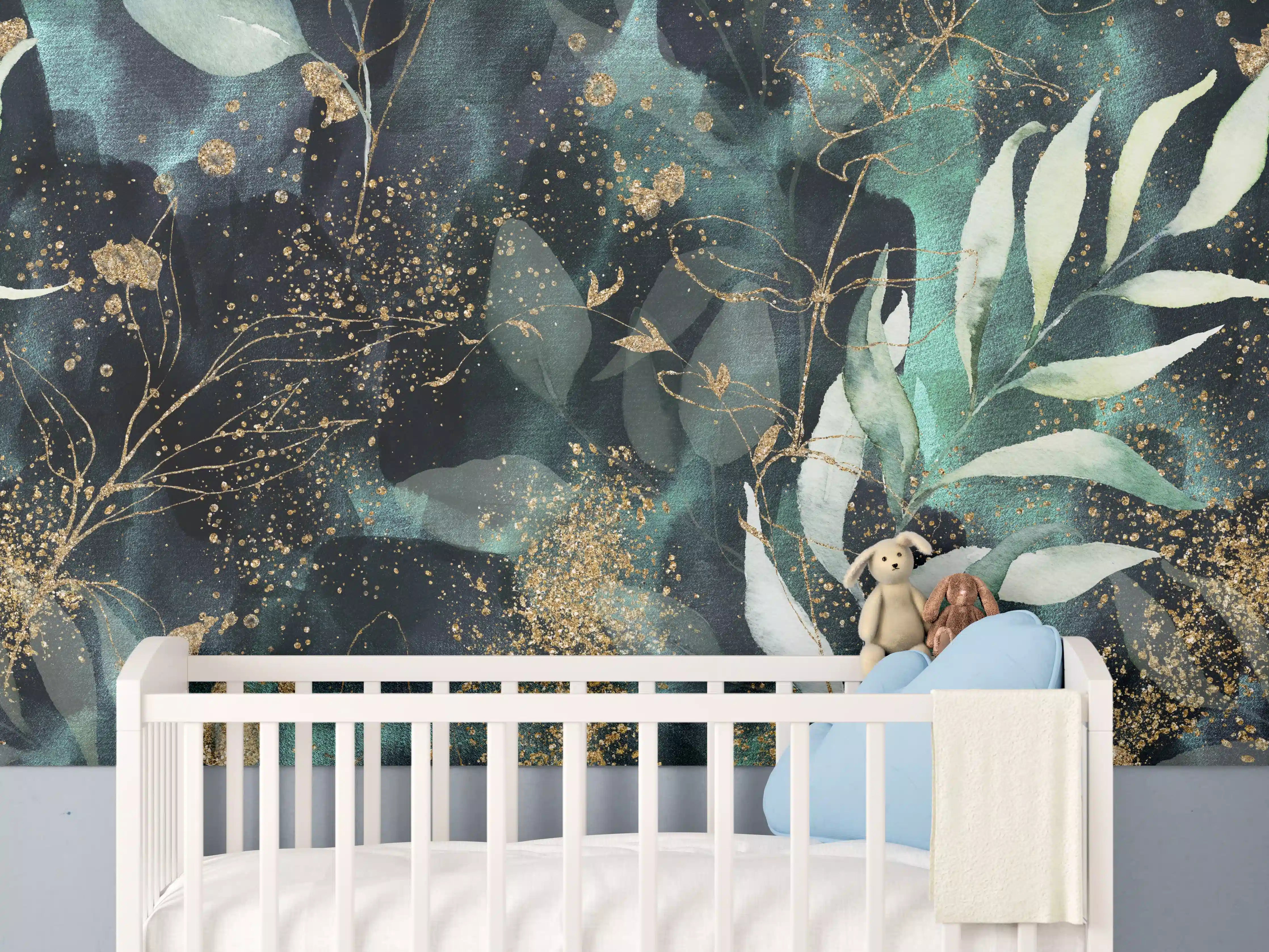 Babyzimmer Wandgestaltung - Aquarell - abstrakte Blumen mit gold