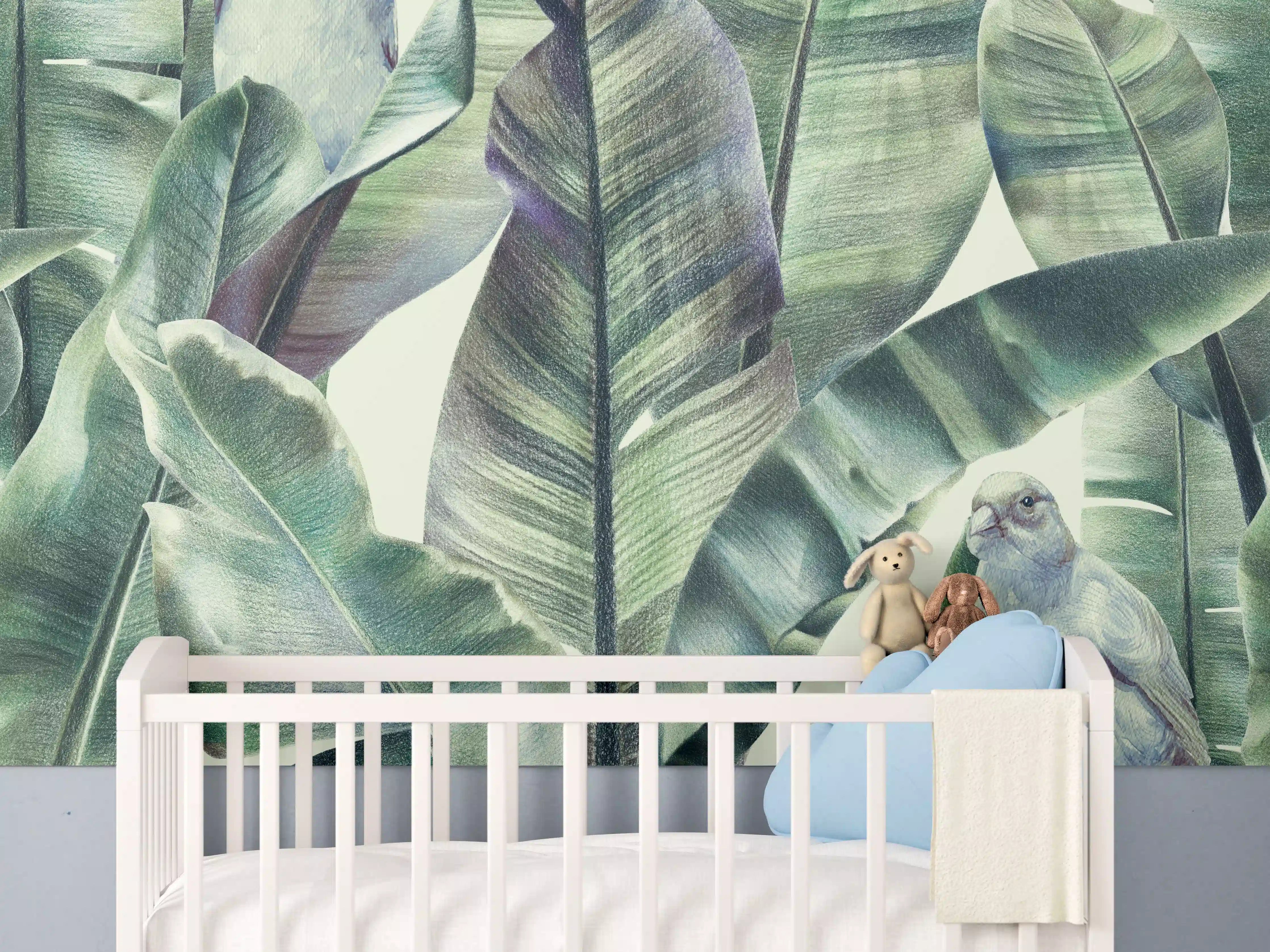Babyzimmer Wandgestaltung - Aquarell - exotischen Vögel auf Bananenblättern