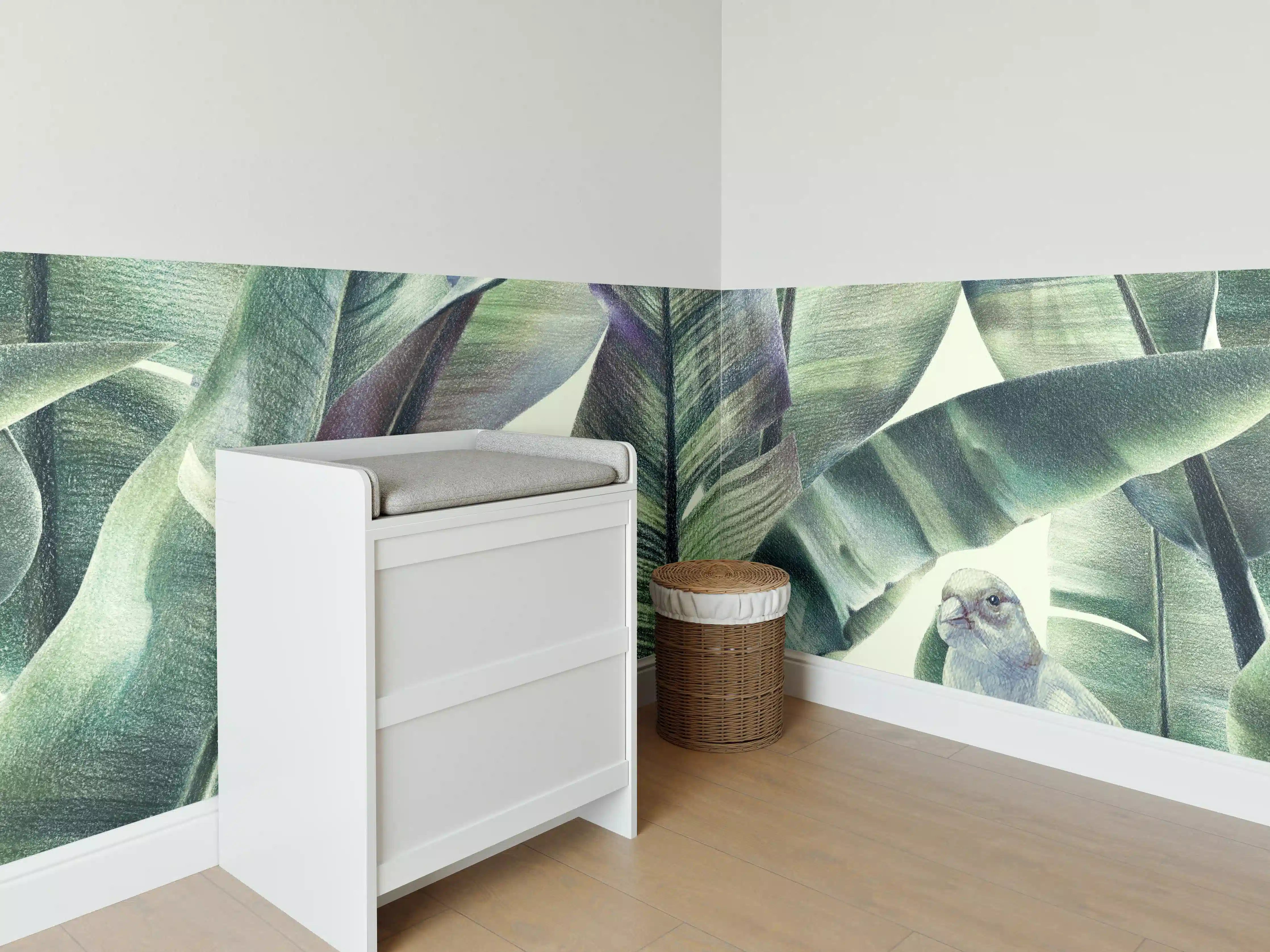 Babyzimmer Wandgestaltung - Aquarell - exotischen Vögel auf Bananenblättern