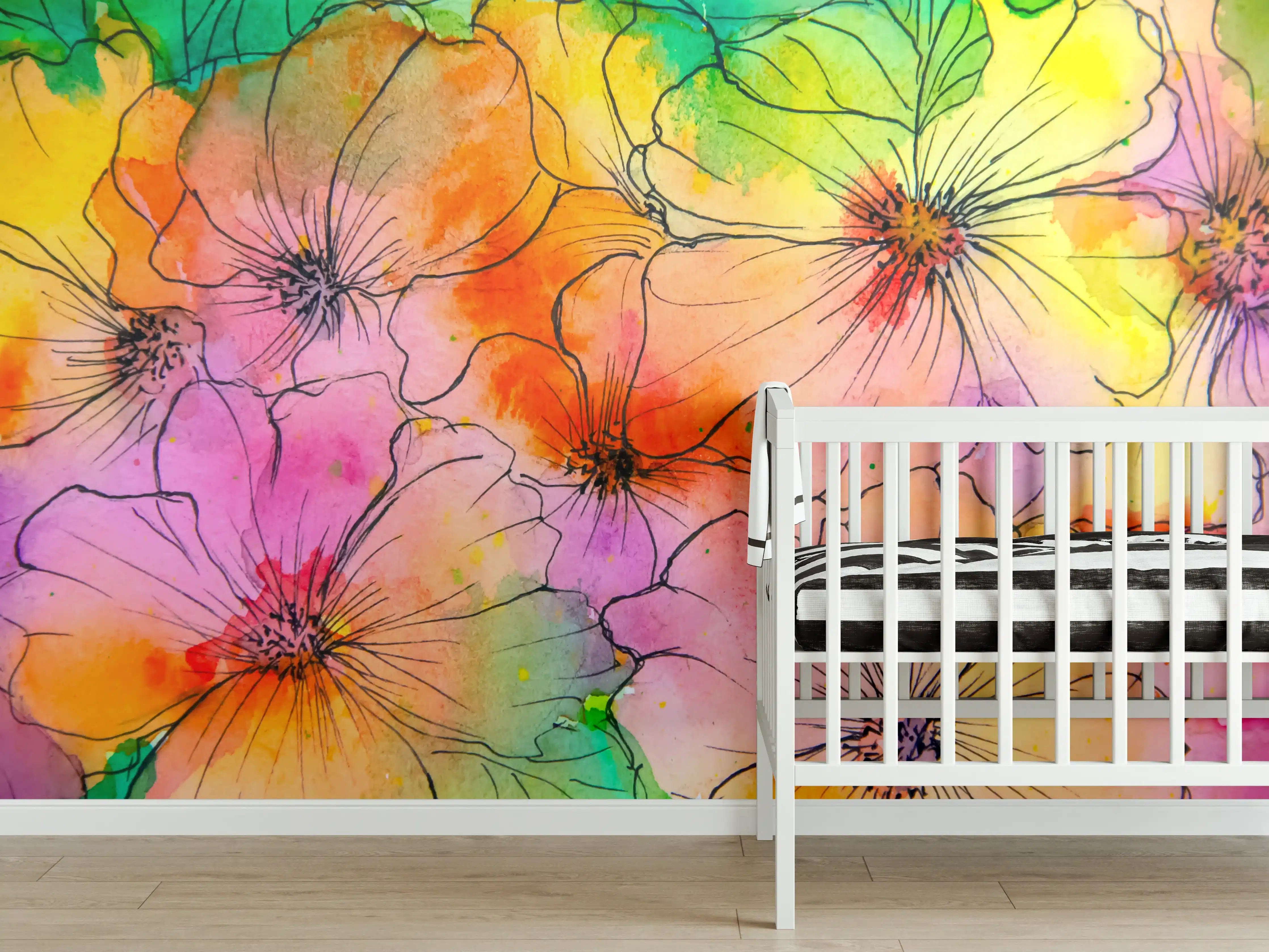 Babyzimmer Wandgestaltung - Aquarell Blumen Malerei