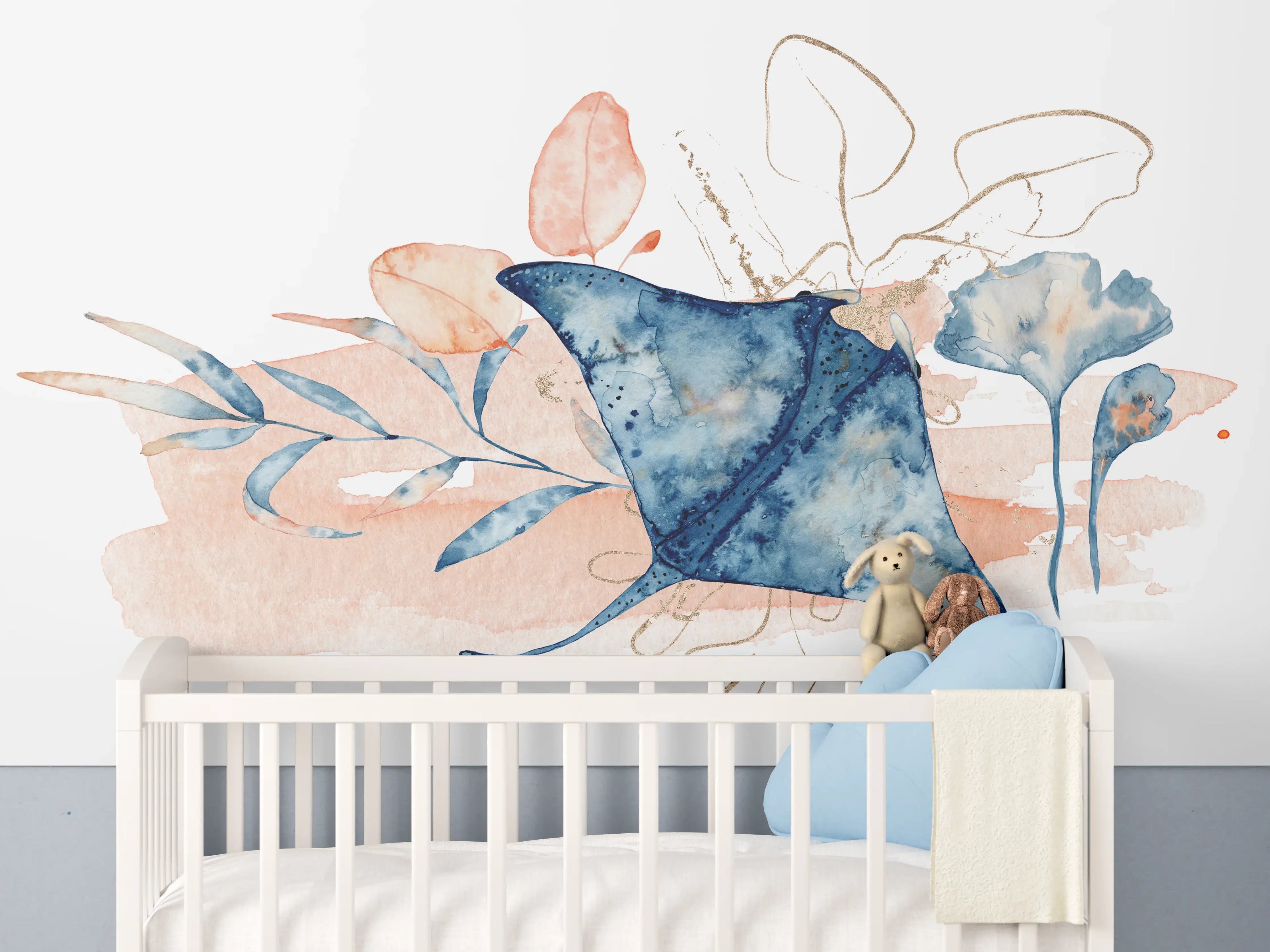 Babyzimmer Wandgestaltung - Aquarell-Illustration eines Rochenfisches 