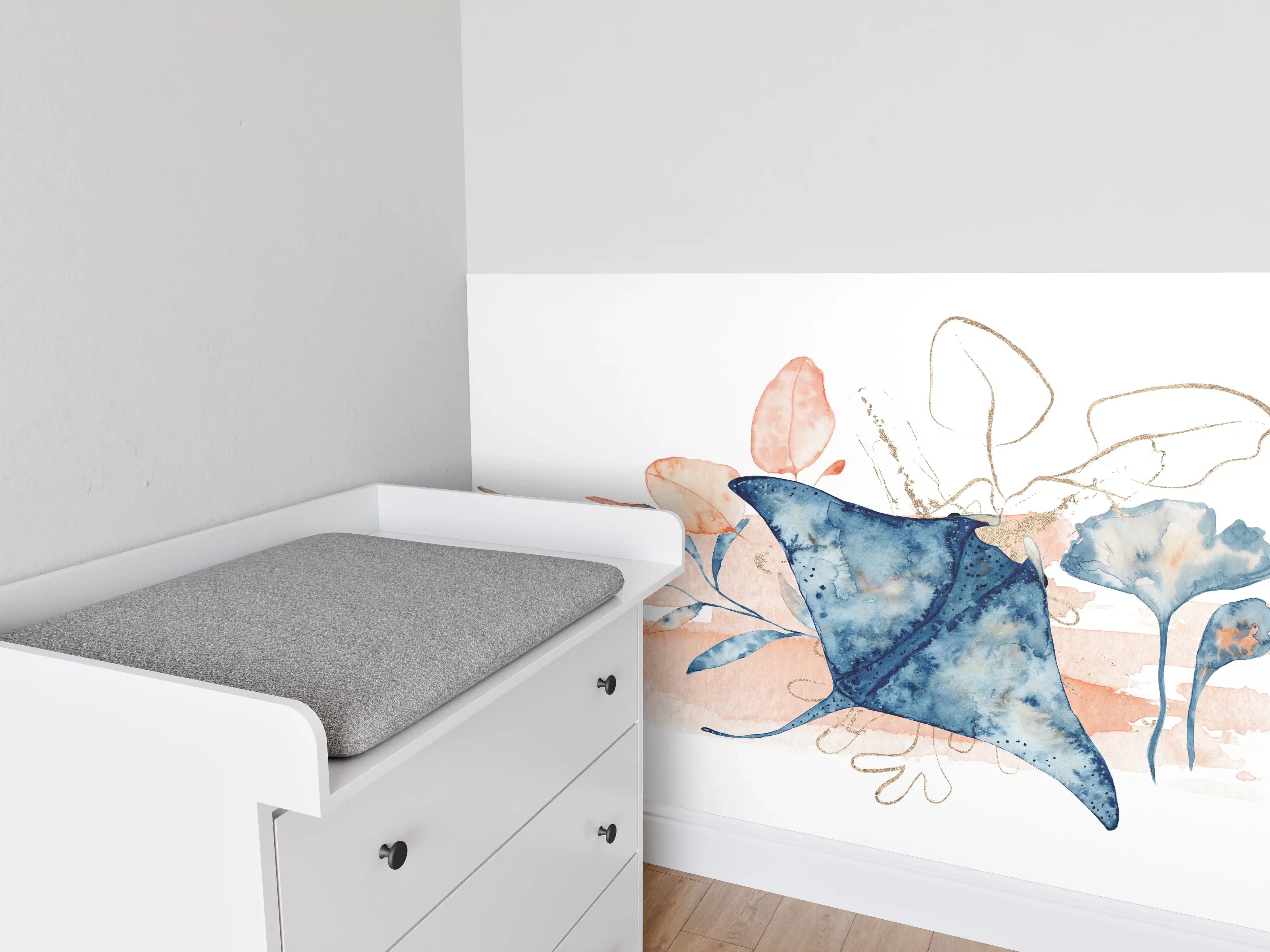 Babyzimmer Wandgestaltung - Aquarell-Illustration eines Rochenfisches 