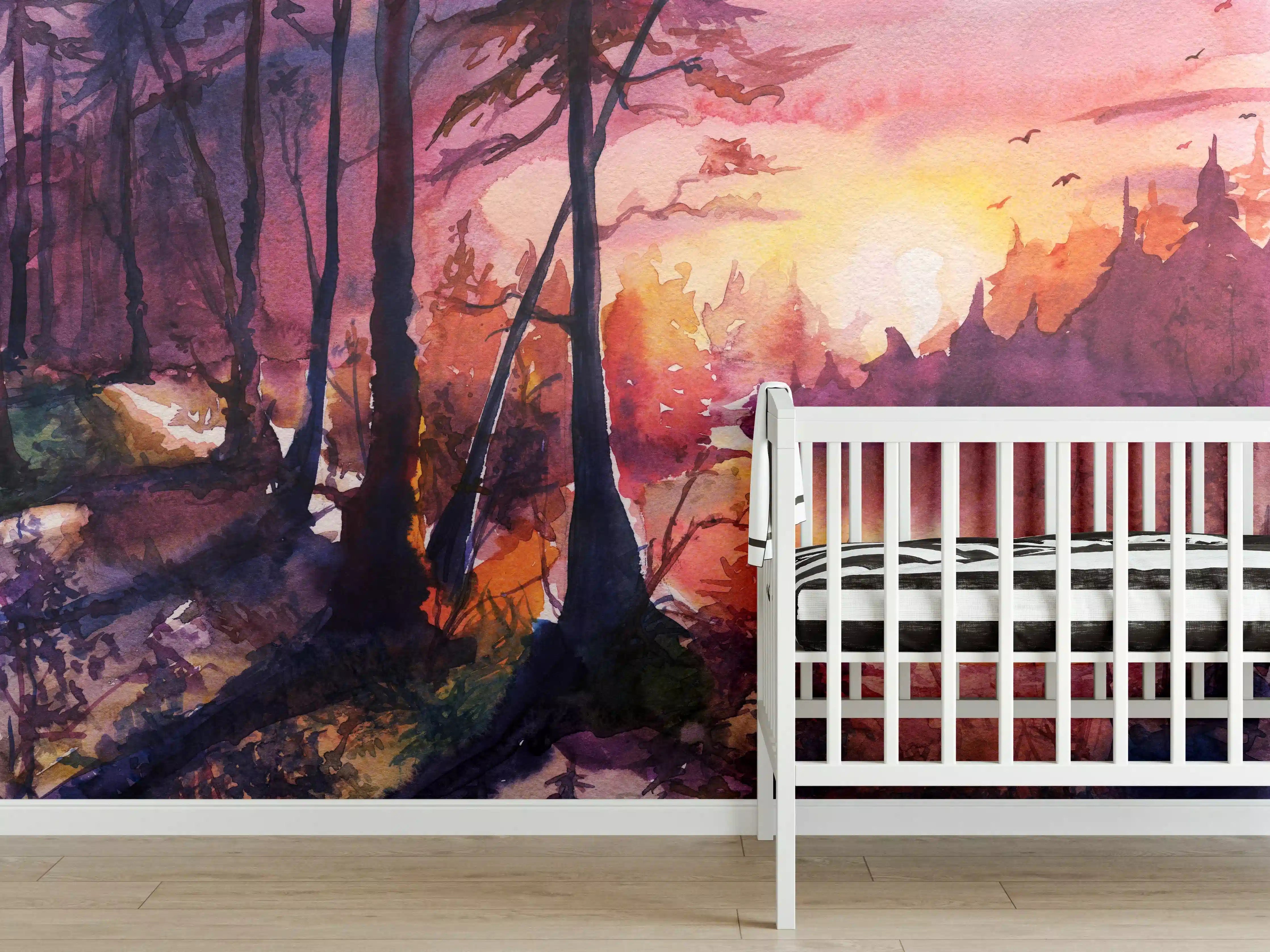Babyzimmer Wandgestaltung - Aquarell Waldlandschaft Malerei