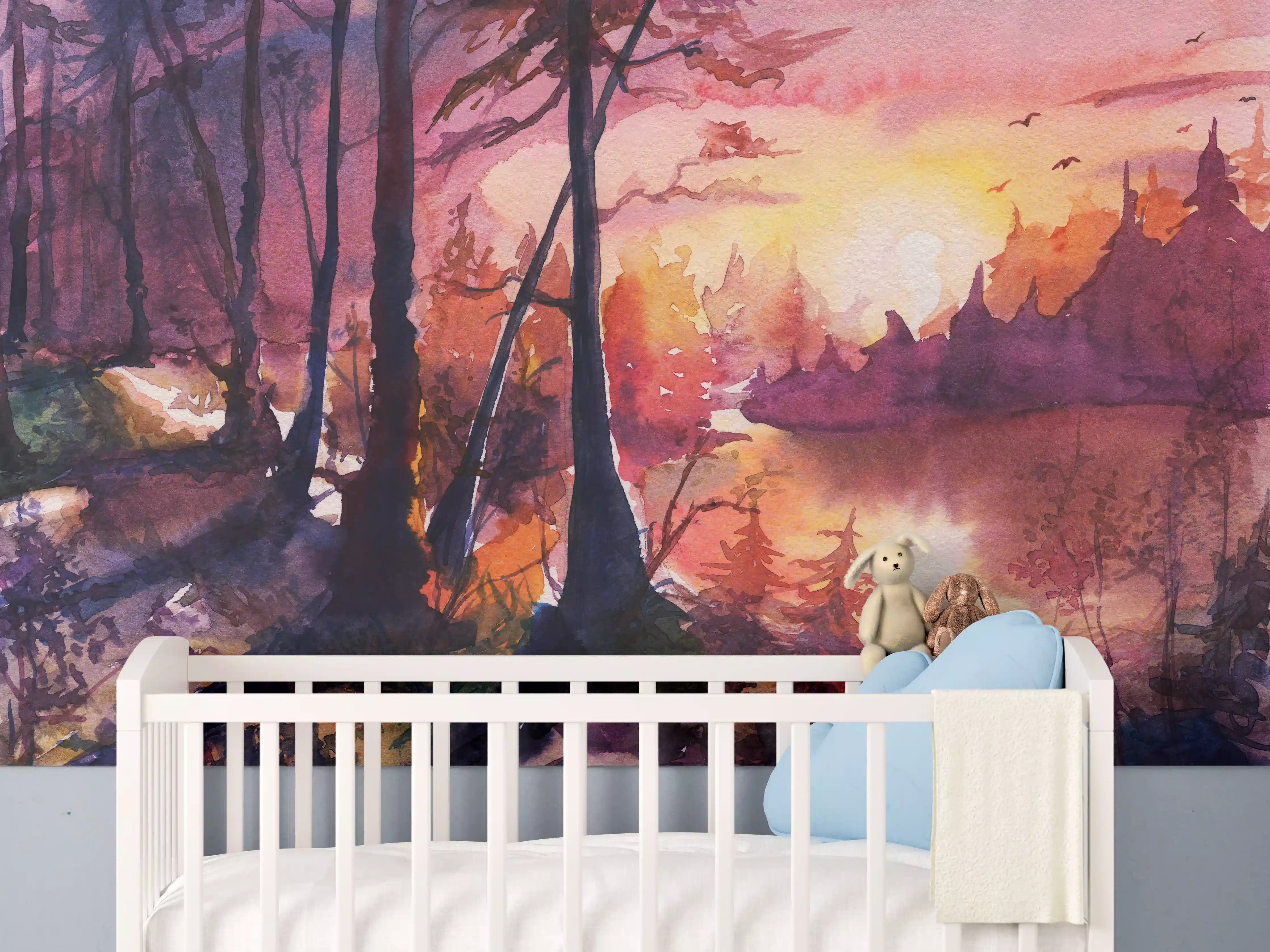 Babyzimmer Wandgestaltung - Aquarell Waldlandschaft Malerei