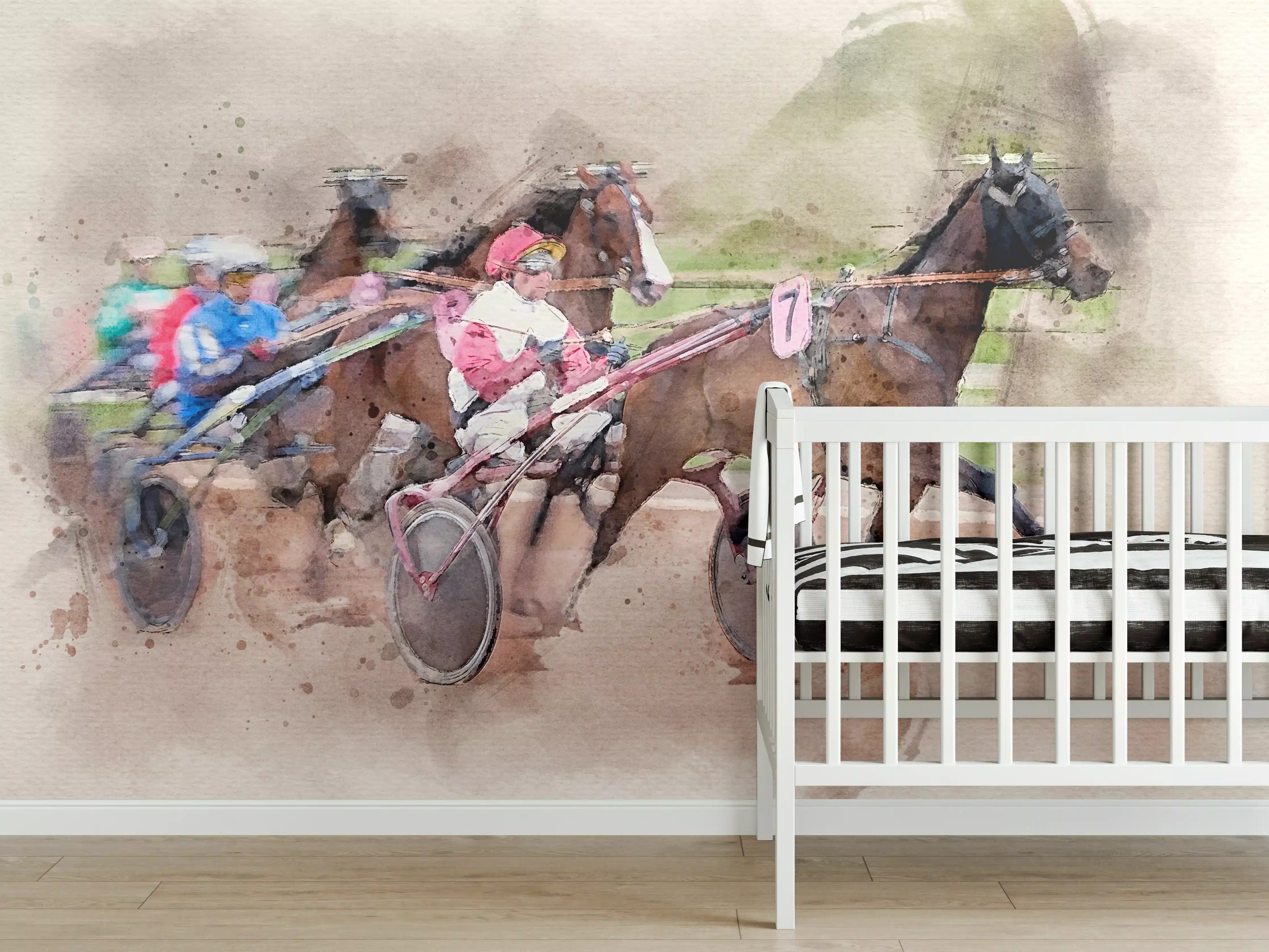 Babyzimmer Wandgestaltung - Aquarell eines Trabrennens 