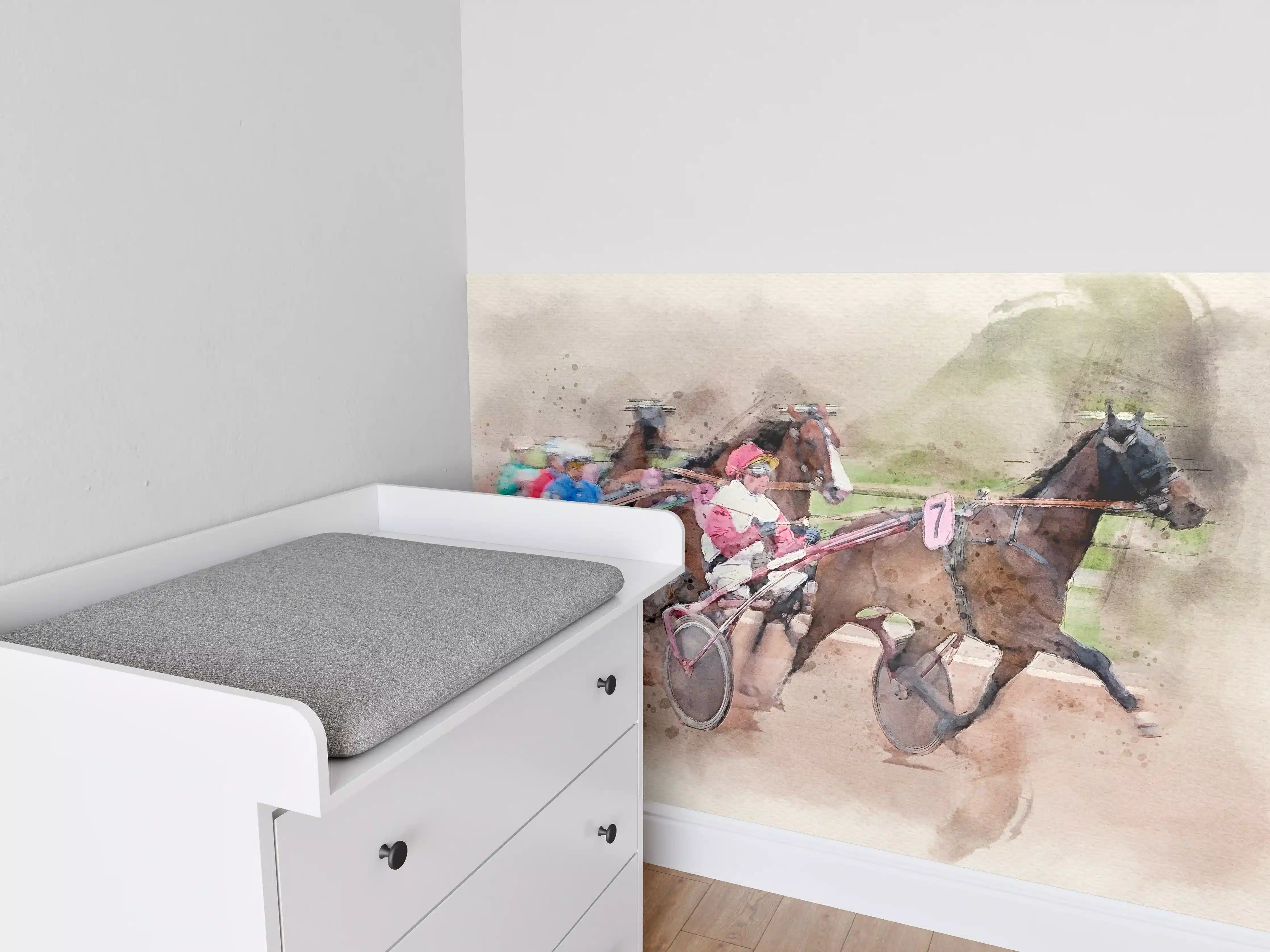 Babyzimmer Wandgestaltung - Aquarell eines Trabrennens 