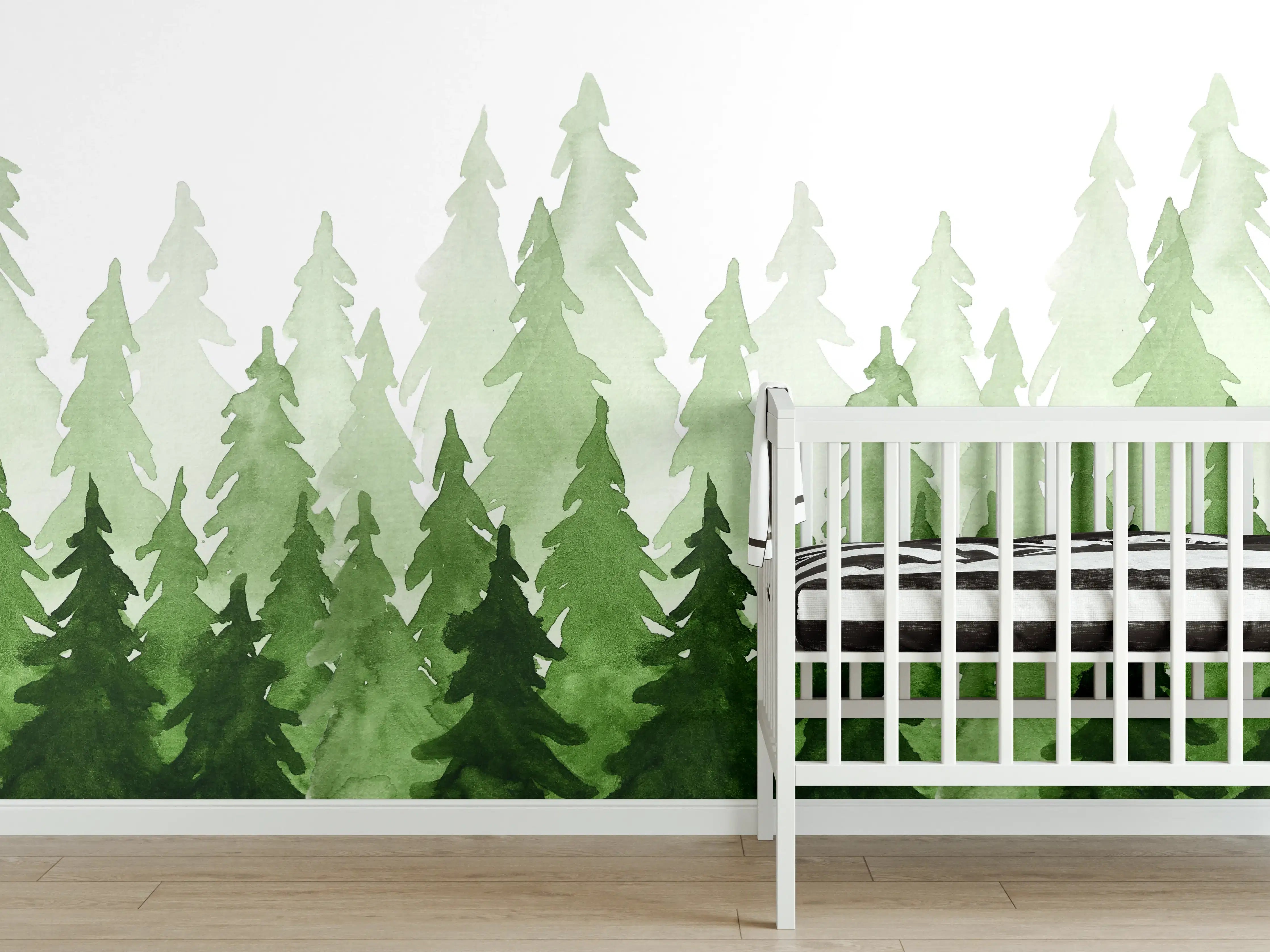 Babyzimmer Wandgestaltung - Aquarell von grünen Tannenbäumen