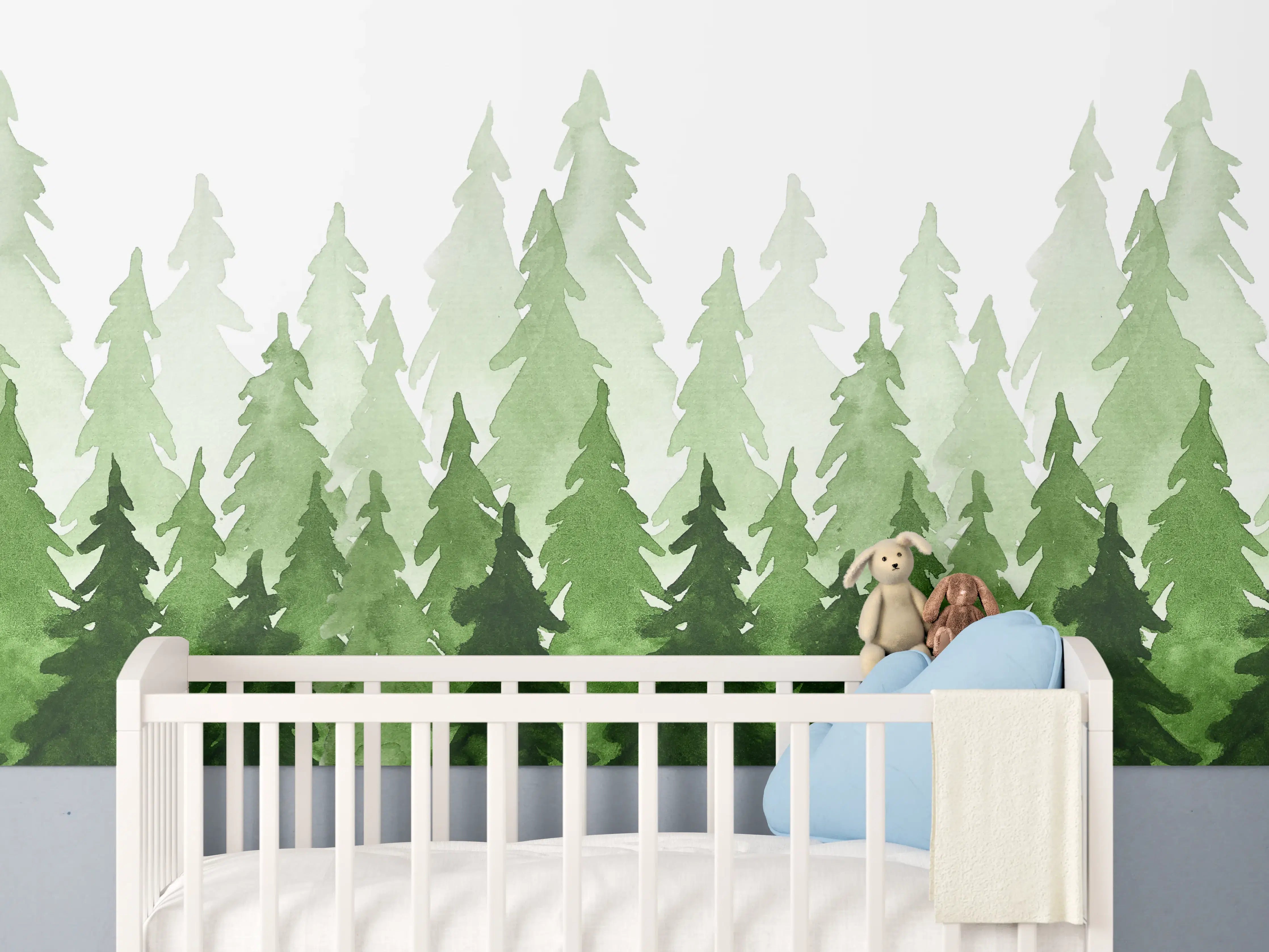 Babyzimmer Wandgestaltung - Aquarell von grünen Tannenbäumen