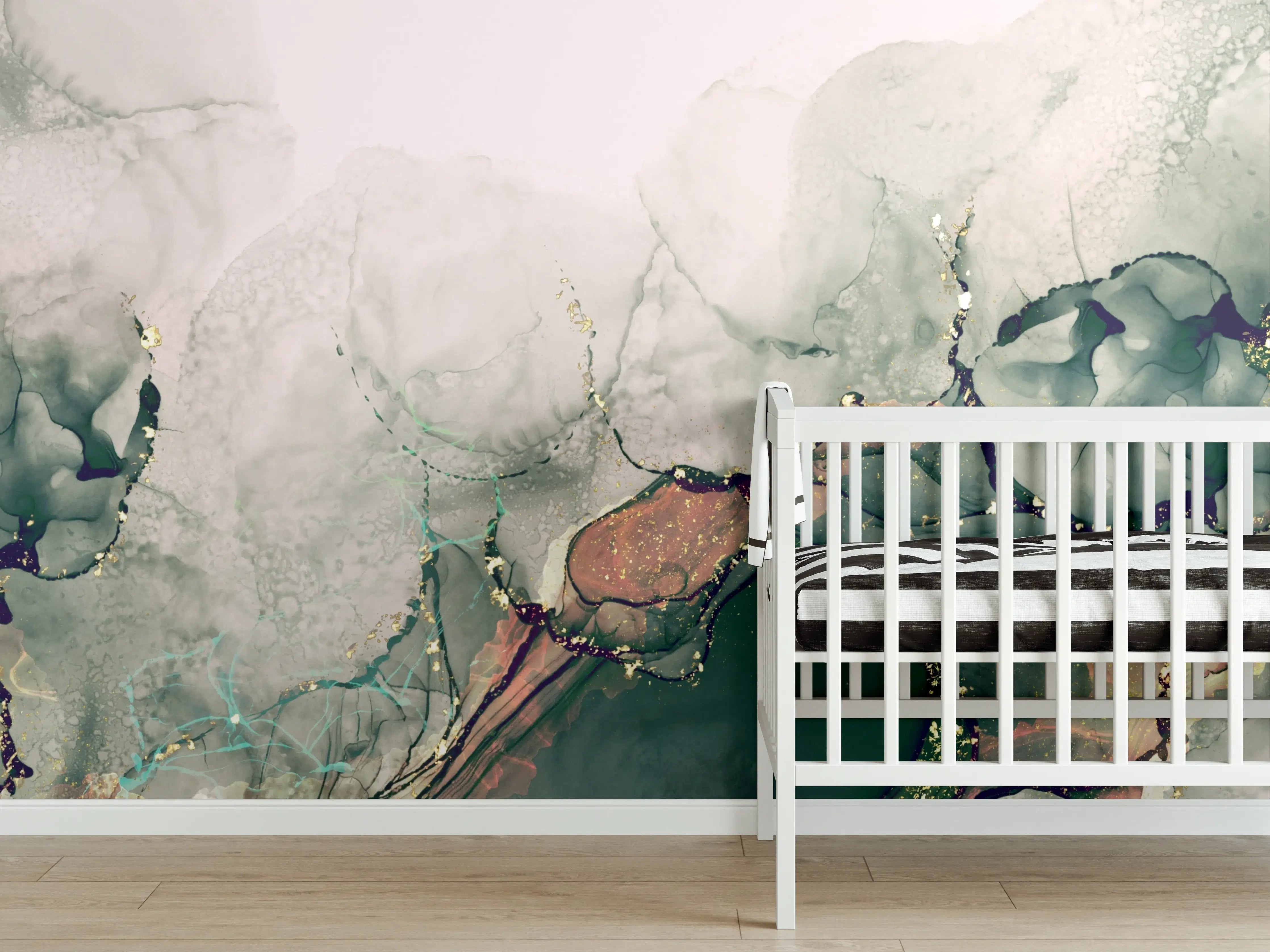 Babyzimmer Wandgestaltung - Aquarellartige Grün- und Beigetöne mit Wasserstruktur