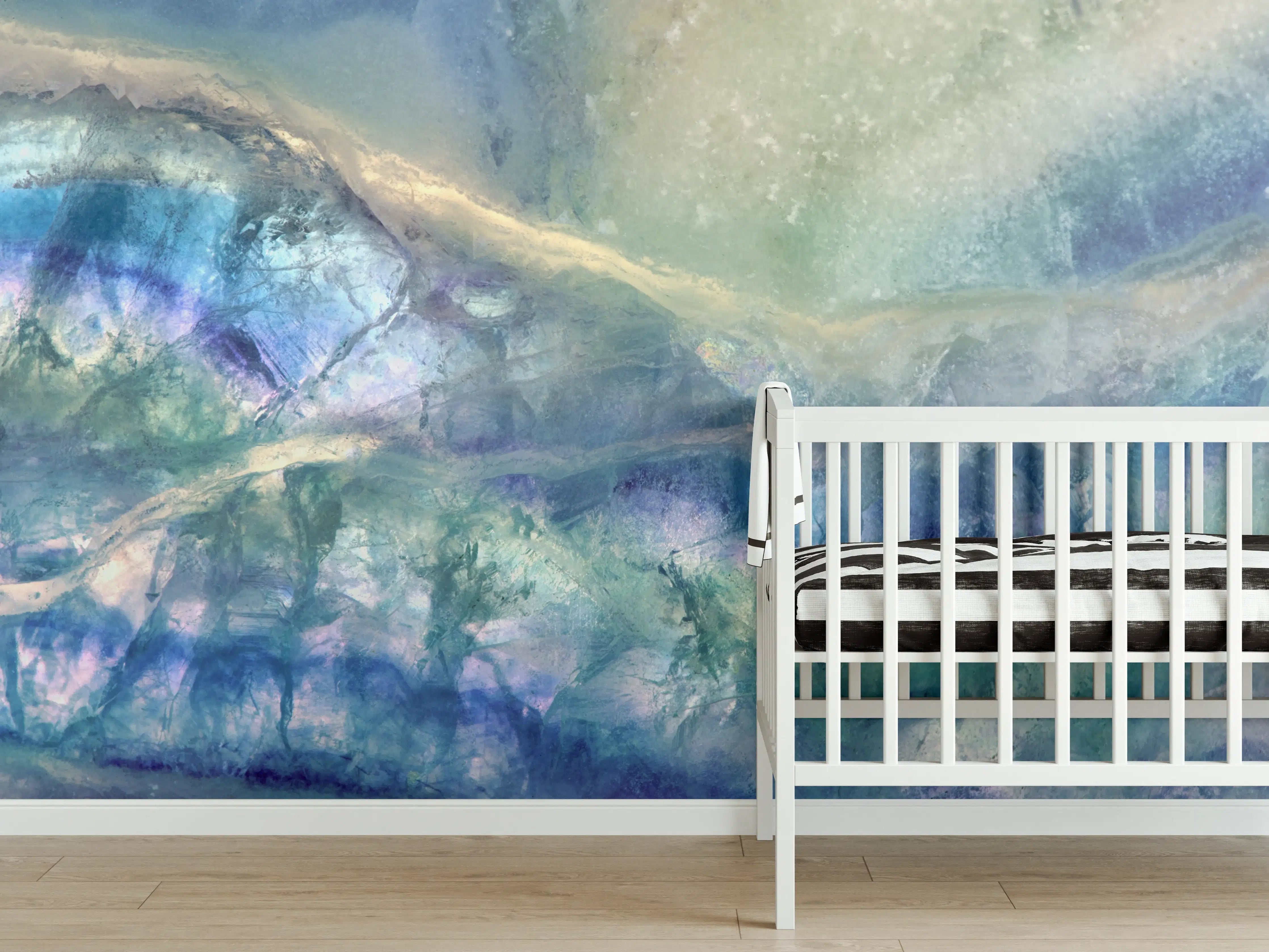 Babyzimmer Wandgestaltung - Aquarellartige Meereslandschaft mit sanften Blau- und Grüntönen