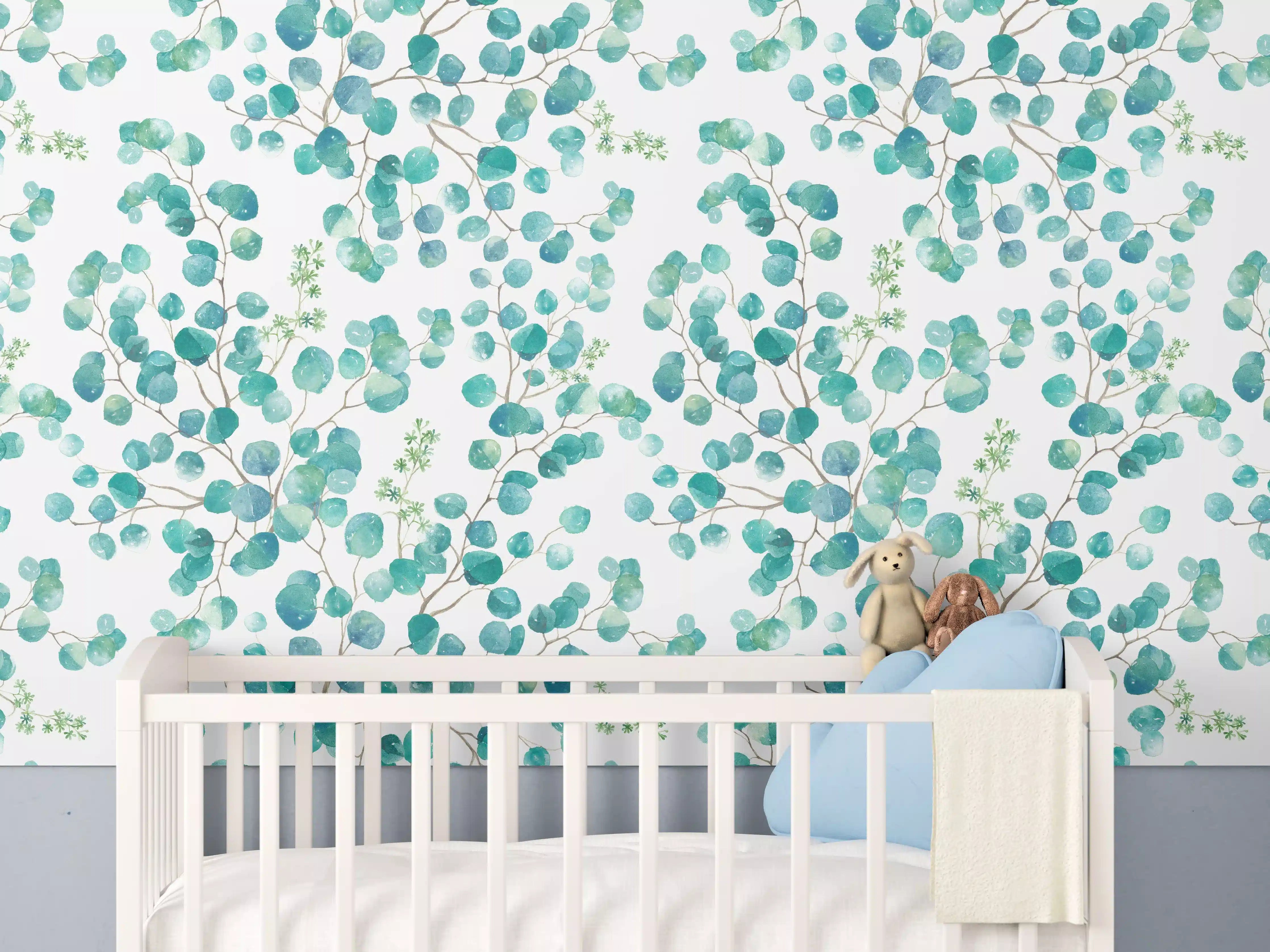 Babyzimmer Wandgestaltung - Aquarellhafte Eukalyptus-Blätter in Blau und Grün
